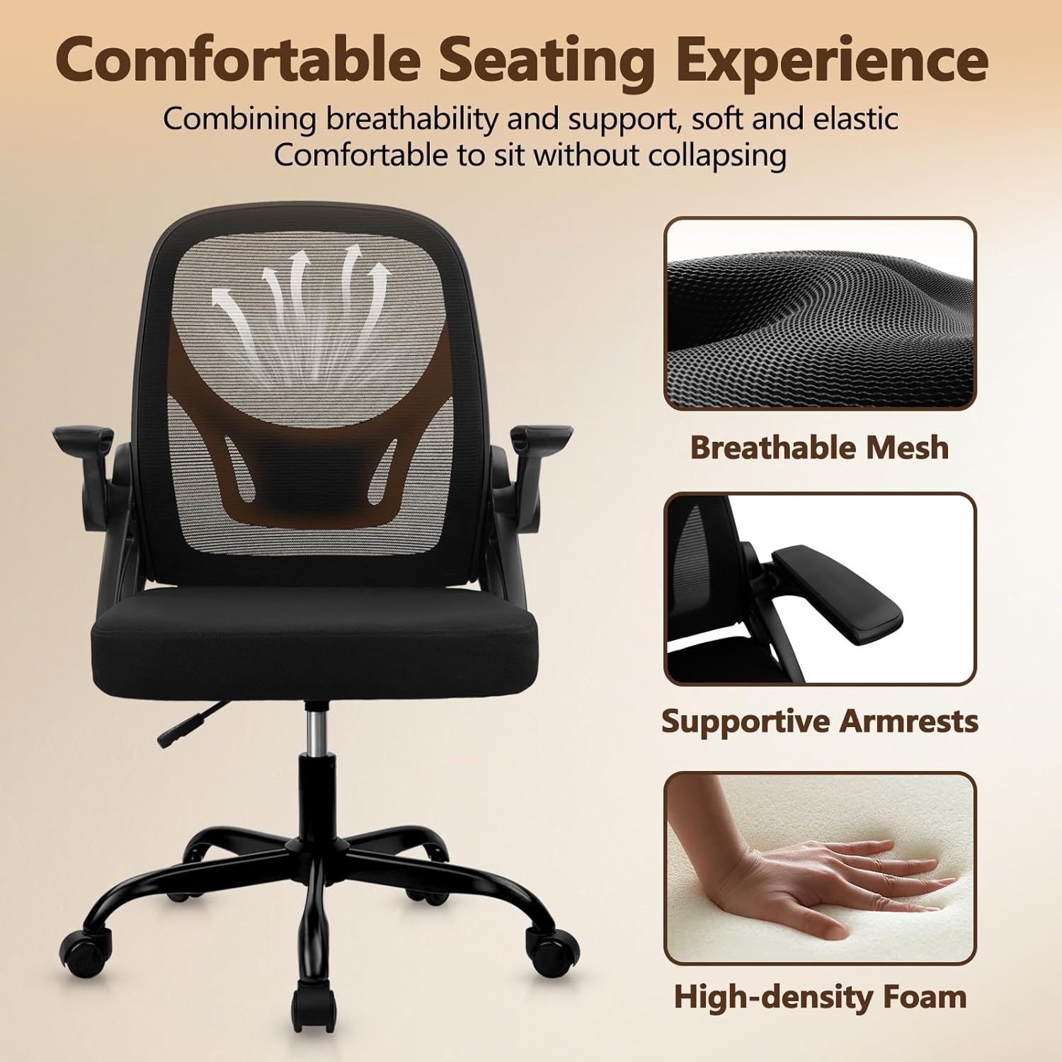 image:imageCLATINA Office Chair with Wheels Ergonomic Flip Up Arms Mesh Back Desk Chairs with Lumbar Support PU Leather Seat Adjustable Height Swivel Rolling Computer Task Chair for Study Home School BlackBlackfabric Seat