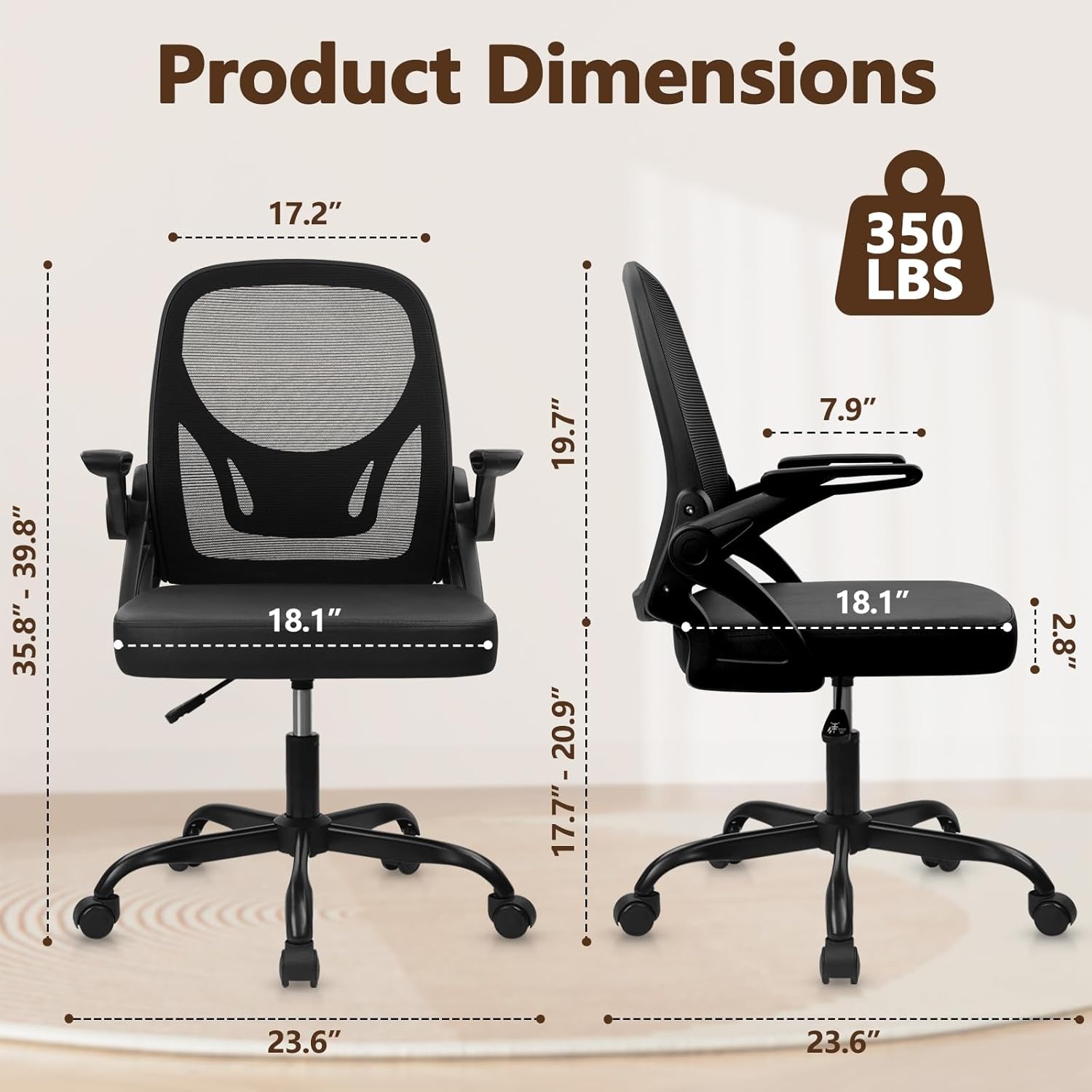 image:imageCLATINA Office Chair with Wheels Ergonomic Flip Up Arms Mesh Back Desk Chairs with Lumbar Support PU Leather Seat Adjustable Height Swivel Rolling Computer Task Chair for Study Home School BlackBlackleather Seat