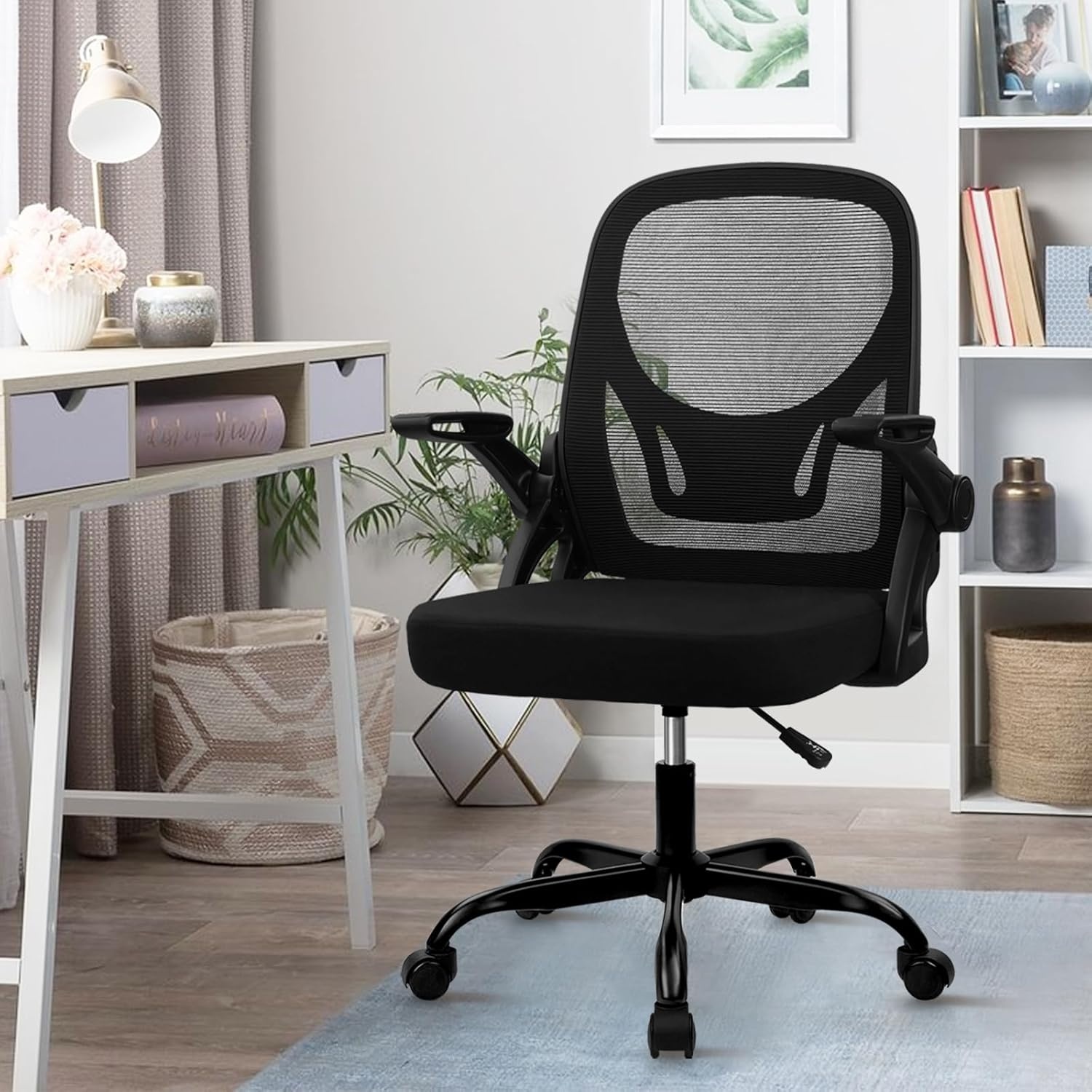 image:imageCLATINA Office Chair with Wheels Ergonomic Flip Up Arms Mesh Back Desk Chairs with Lumbar Support PU Leather Seat Adjustable Height Swivel Rolling Computer Task Chair for Study Home School BlackBlackfabric Seat