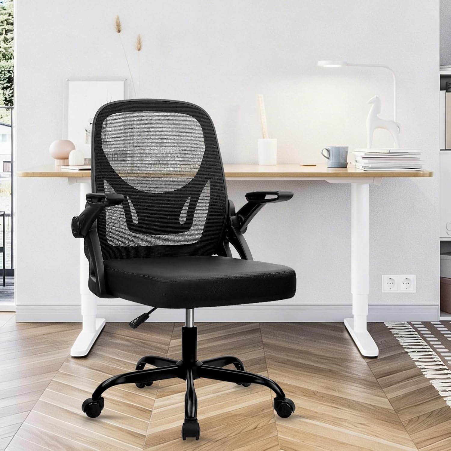 image:imageCLATINA Office Chair with Wheels Ergonomic Flip Up Arms Mesh Back Desk Chairs with Lumbar Support PU Leather Seat Adjustable Height Swivel Rolling Computer Task Chair for Study Home School BlackBlackleather Seat