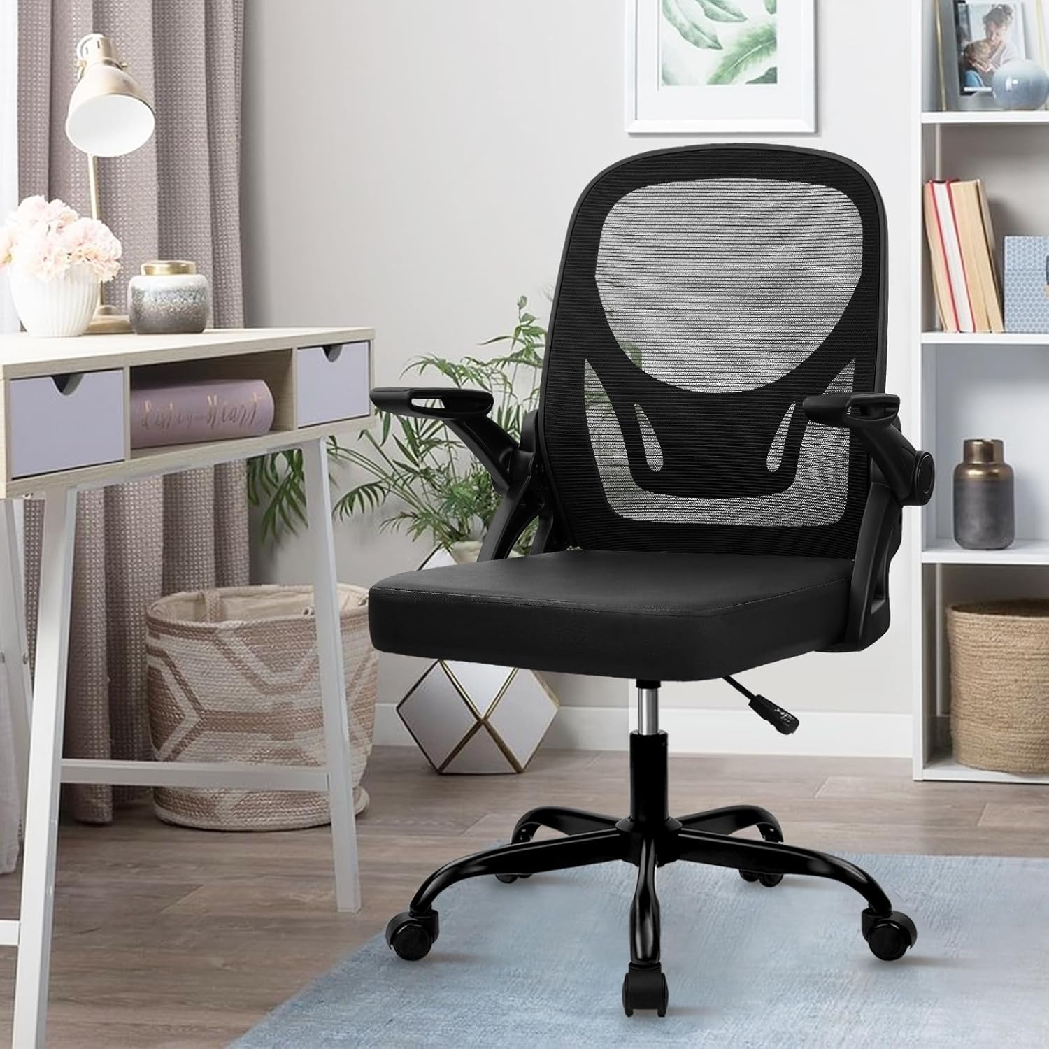 image:imageCLATINA Office Chair with Wheels Ergonomic Flip Up Arms Mesh Back Desk Chairs with Lumbar Support PU Leather Seat Adjustable Height Swivel Rolling Computer Task Chair for Study Home School BlackBlackleather Seat