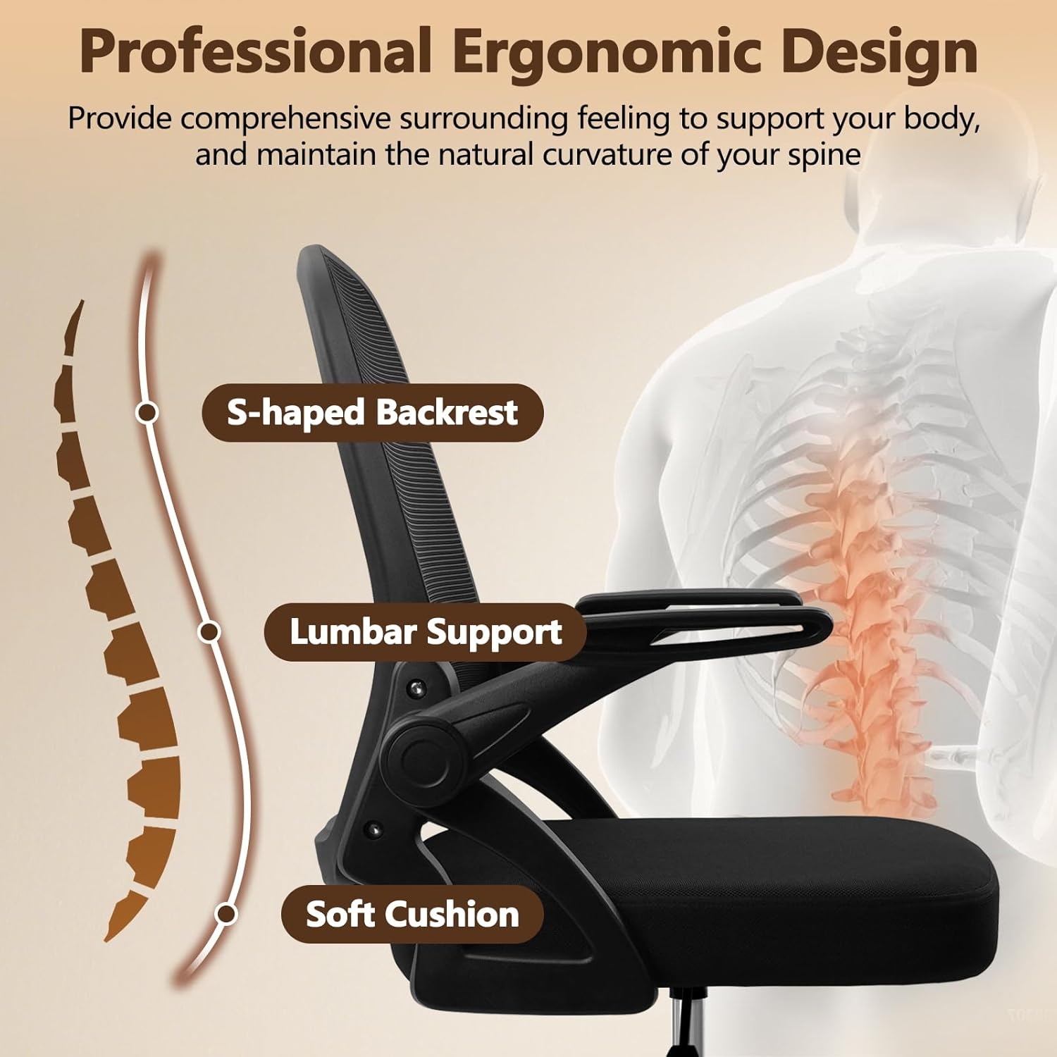 image:imageCLATINA Office Chair with Wheels Ergonomic Flip Up Arms Mesh Back Desk Chairs with Lumbar Support PU Leather Seat Adjustable Height Swivel Rolling Computer Task Chair for Study Home School BlackBlackfabric Seat