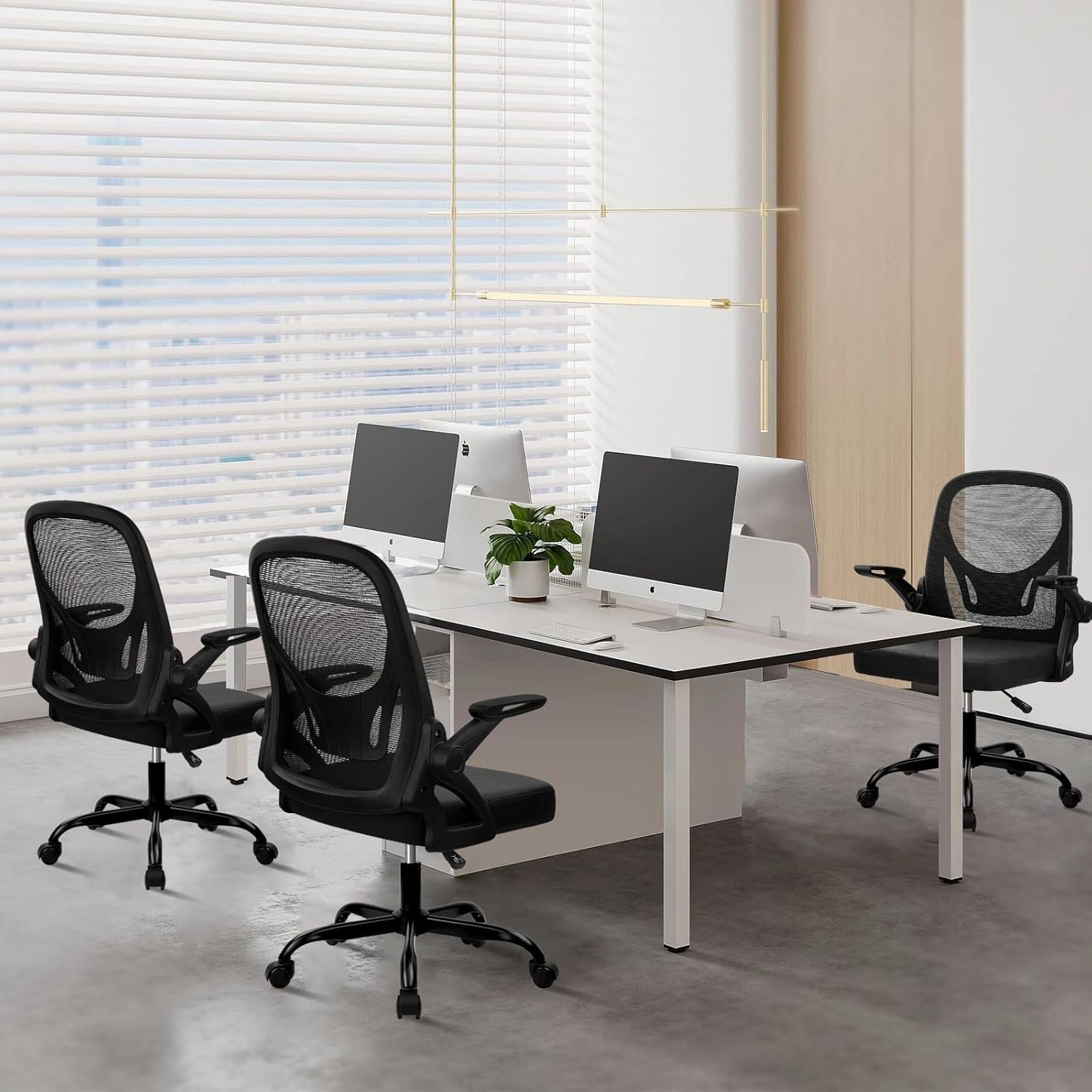 image:imageCLATINA Office Chair with Wheels Ergonomic Flip Up Arms Mesh Back Desk Chairs with Lumbar Support PU Leather Seat Adjustable Height Swivel Rolling Computer Task Chair for Study Home School BlackBlackleather Seat