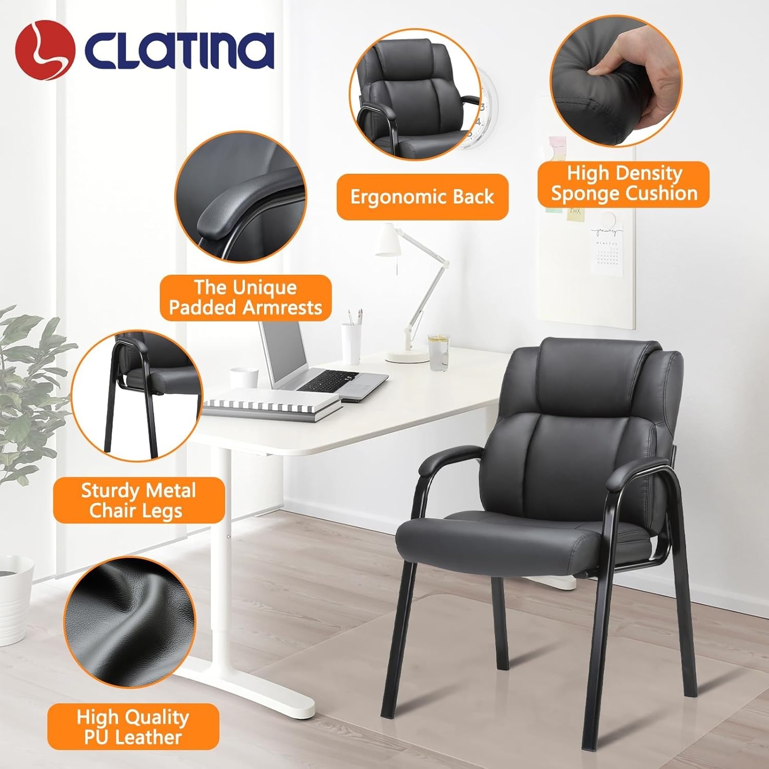 image:imageCLATINA Office Guest Chair Leather Reception Chair with Bonded Padded Arm Rest and Sled Base Desk Chair No Wheels for Reception Conference Waiting Room Side Office Home BlackBlack