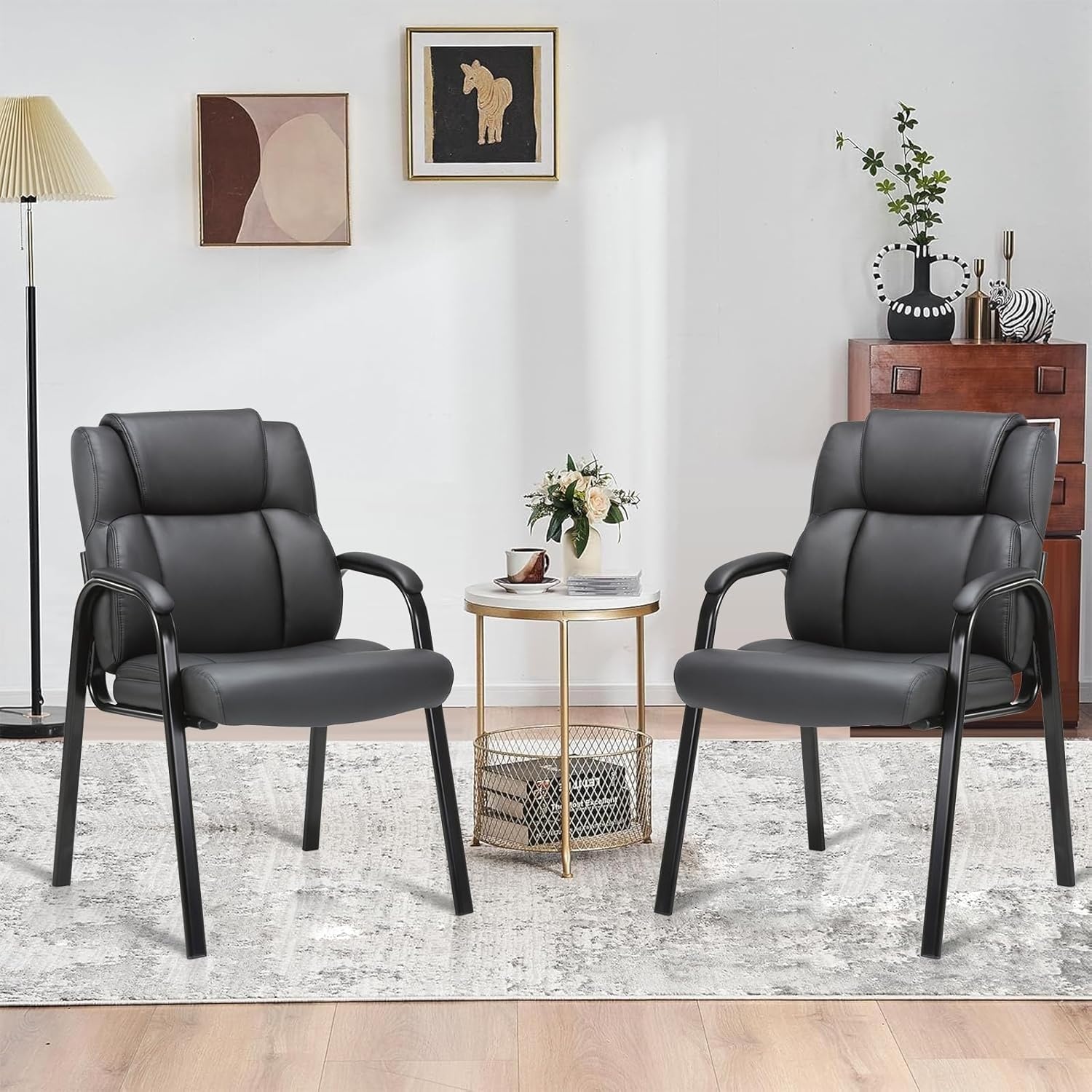 image:imageCLATINA Office Guest Chair Leather Reception Chair with Bonded Padded Arm Rest and Sled Base Desk Chair No Wheels for Reception Conference Waiting Room Side Office Home BlackBlack