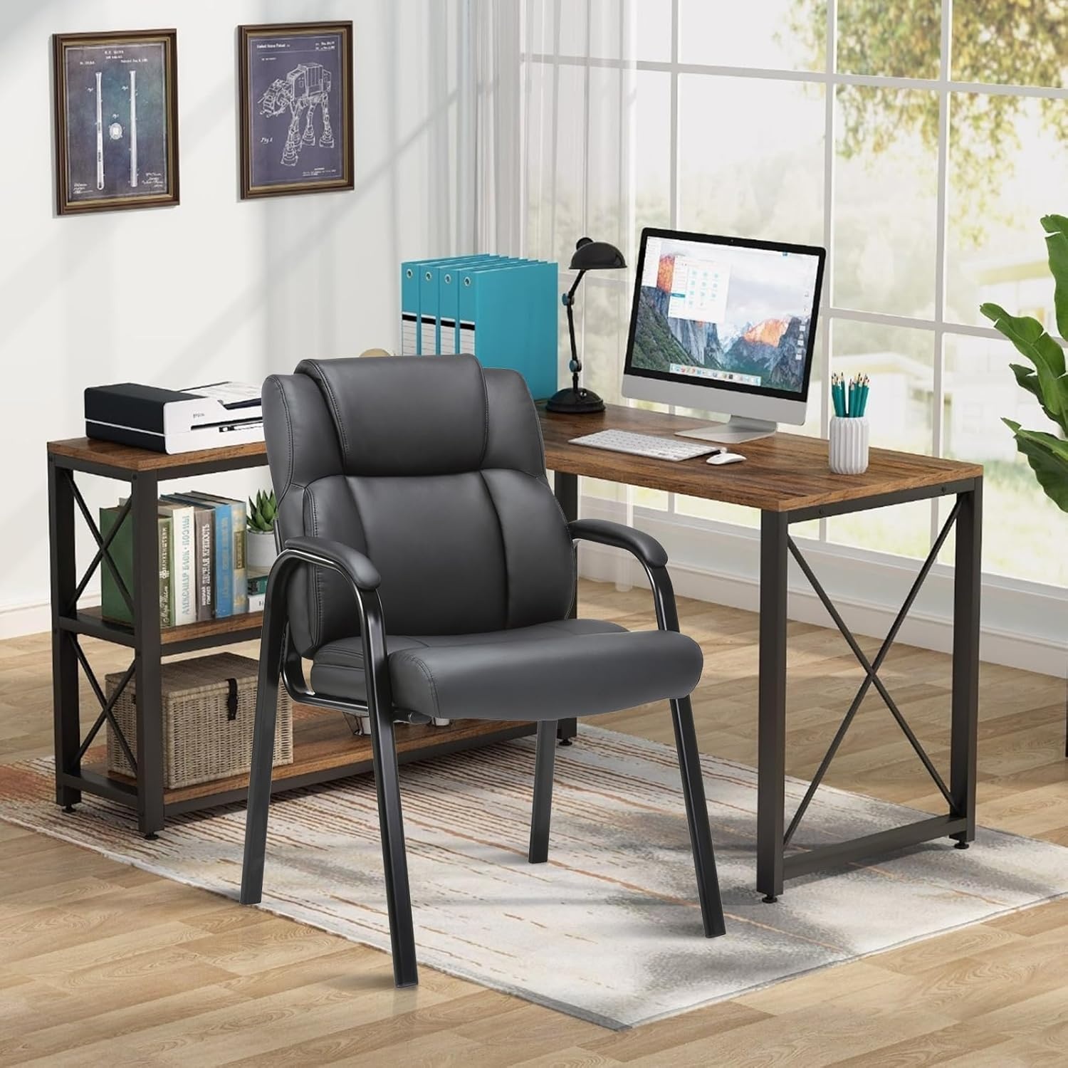 image:imageCLATINA Office Guest Chair Leather Reception Chair with Bonded Padded Arm Rest and Sled Base Desk Chair No Wheels for Reception Conference Waiting Room Side Office Home BlackBlack