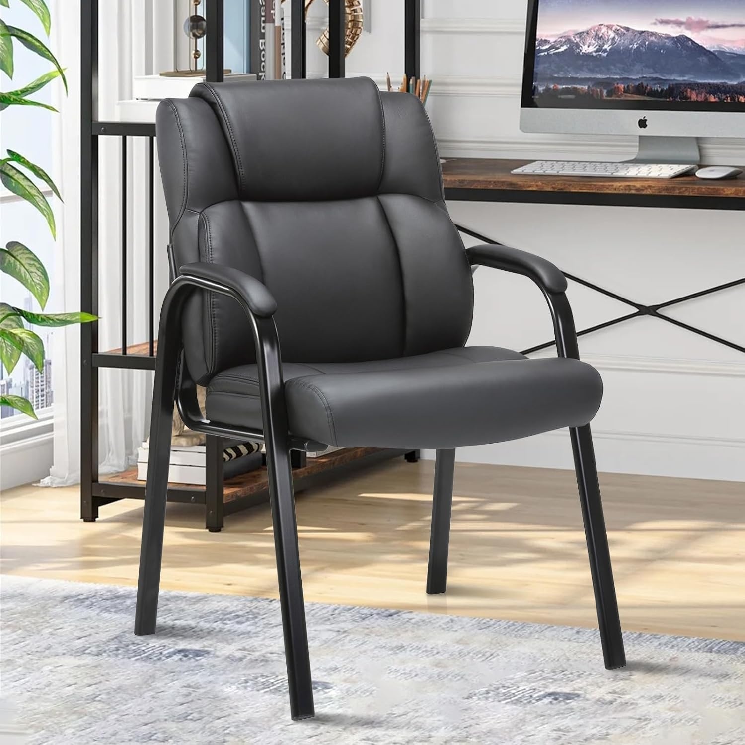 image:imageCLATINA Office Guest Chair Leather Reception Chair with Bonded Padded Arm Rest and Sled Base Desk Chair No Wheels for Reception Conference Waiting Room Side Office Home BlackBlack