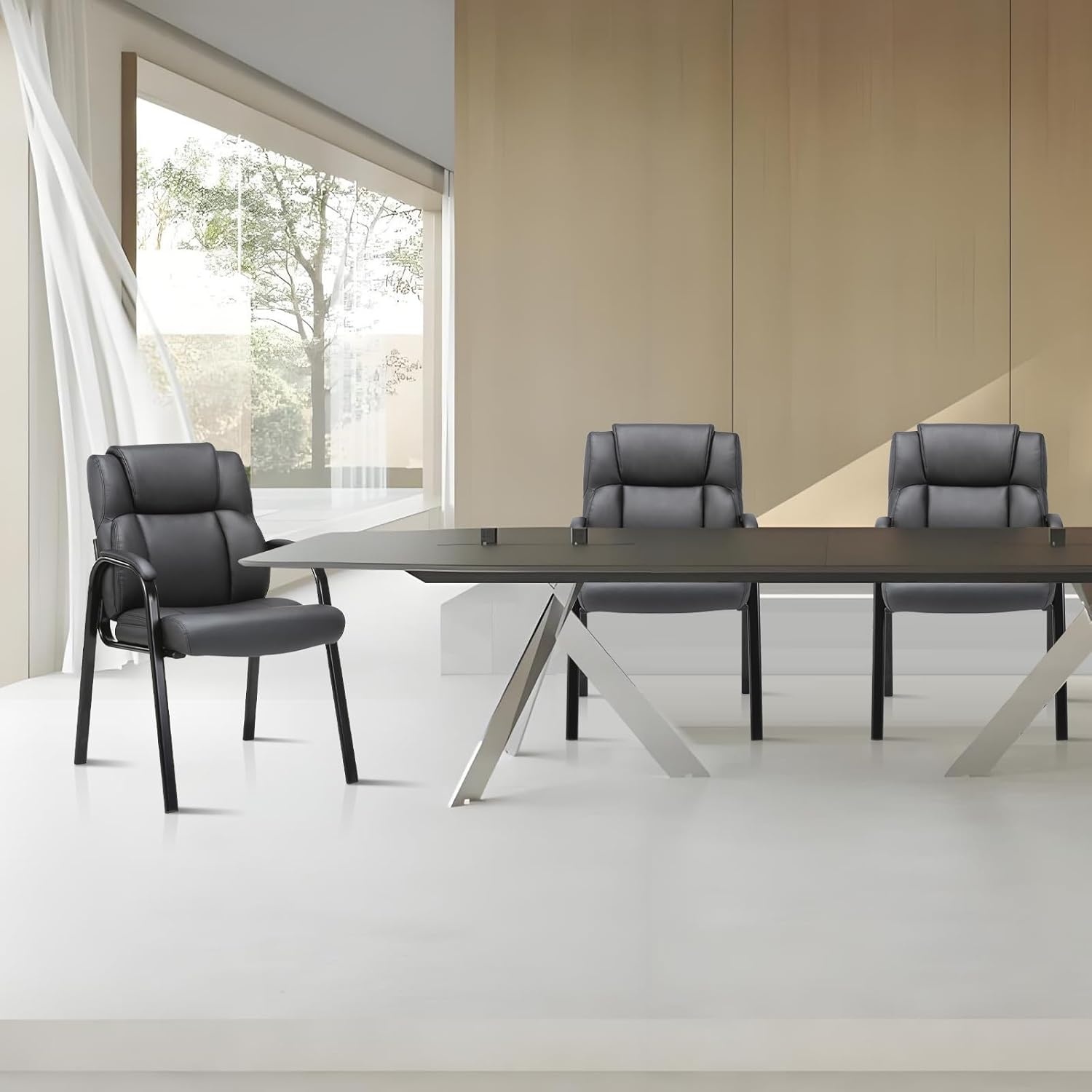 image:imageCLATINA Office Guest Chair Leather Reception Chair with Bonded Padded Arm Rest and Sled Base Desk Chair No Wheels for Reception Conference Waiting Room Side Office Home BlackBlack