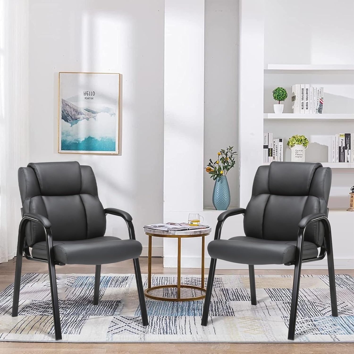 image:imageCLATINA Office Guest Chair Leather Reception Chair with Bonded Padded Arm Rest and Sled Base Desk Chair No Wheels for Reception Conference Waiting Room Side Office Home BlackBlack