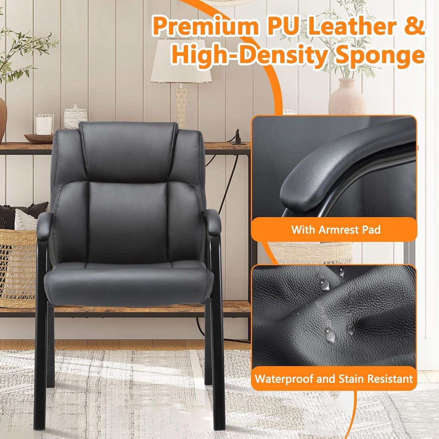 image:imageCLATINA Office Guest Chair Leather Reception Chair with Bonded Padded Arm Rest and Sled Base Desk Chair No Wheels for Reception Conference Waiting Room Side Office Home BlackBlack