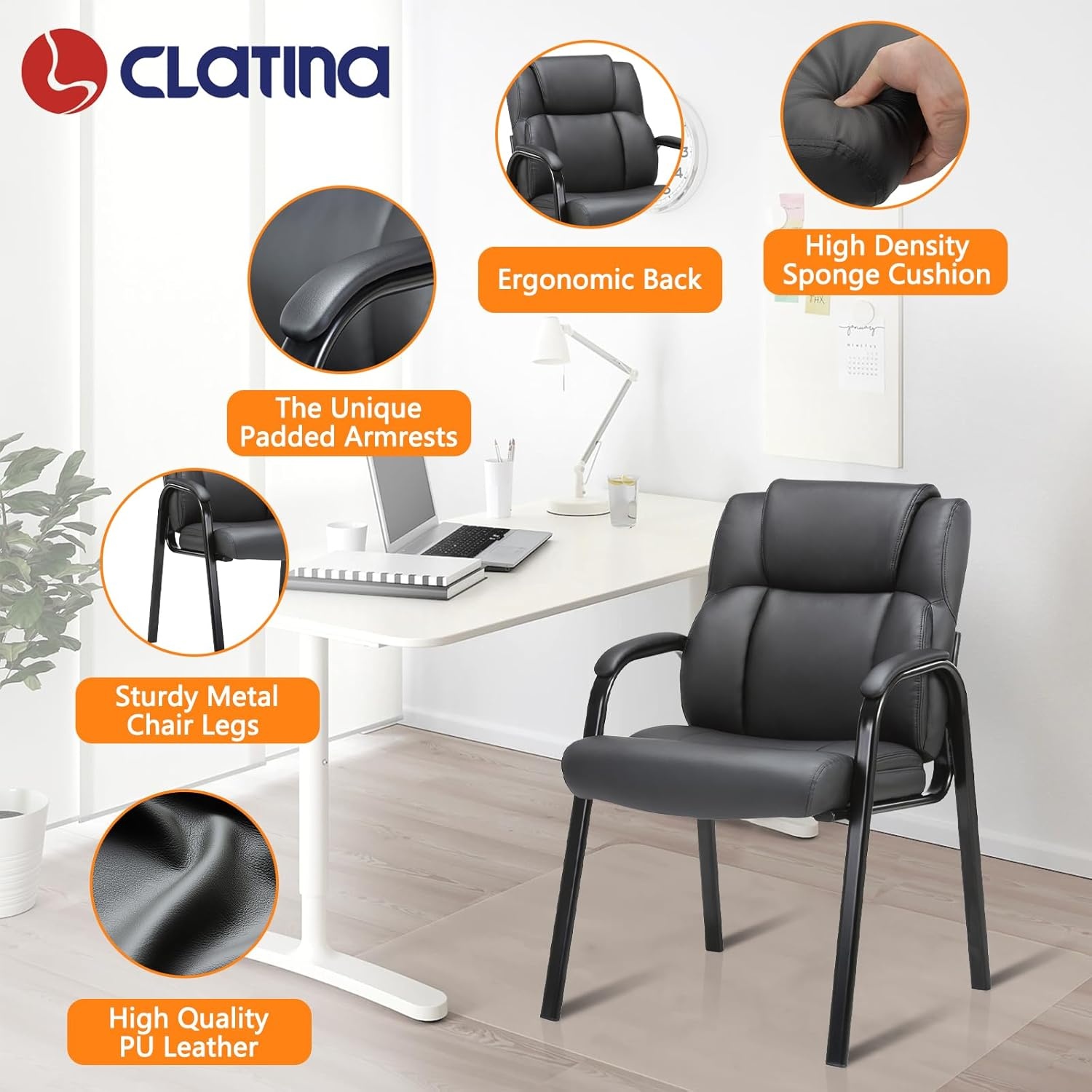 image:imageCLATINA Office Guest Chair Leather Reception Chair with Bonded Padded Arm Rest and Sled Base Desk Chair No Wheels for Reception Conference Waiting Room Side Office Home BlackBlack