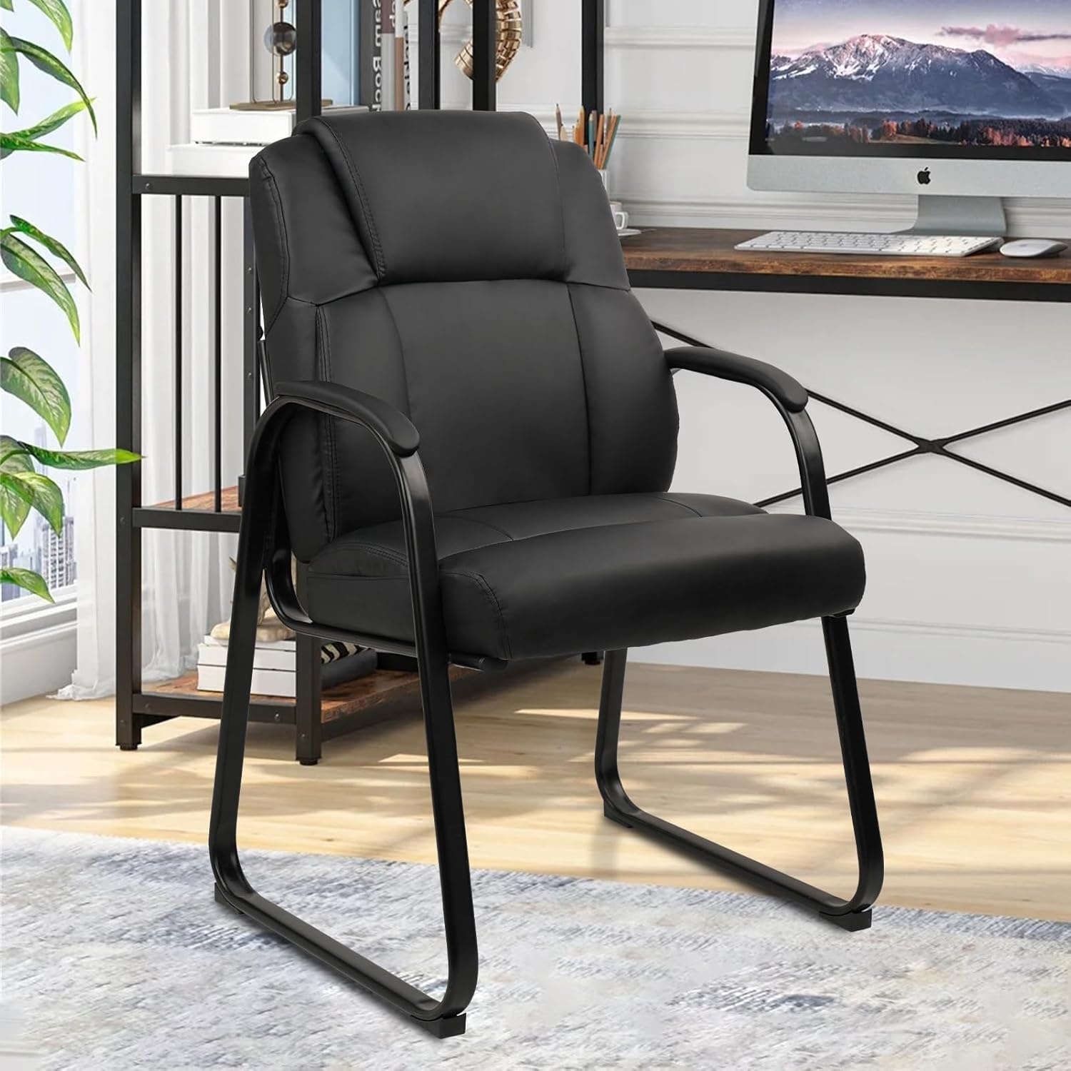 image:imageCLATINA Office Guest Chair Leather Reception Chair with Bonded Padded Arm Rest and Sled Base Desk Chair No Wheels for Reception Conference Waiting Room Side Office Home BlackBlacksledbase