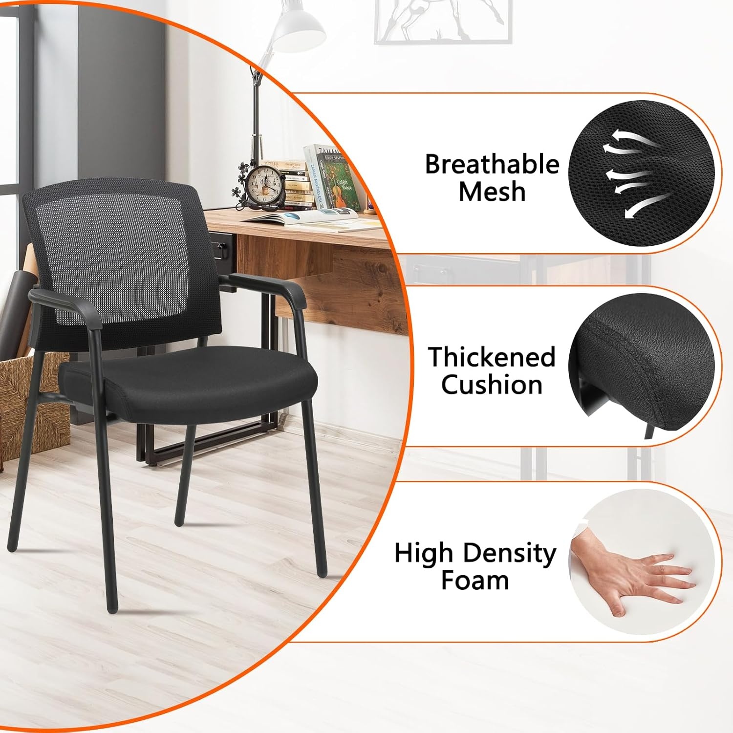 image:imageCLATINA Office Reception Guest Chair Mesh Back Stacking with Ergonomic Lumbar Support and Thickened Seat Cushion for Waiting Conference Room Black 2 PackBlack