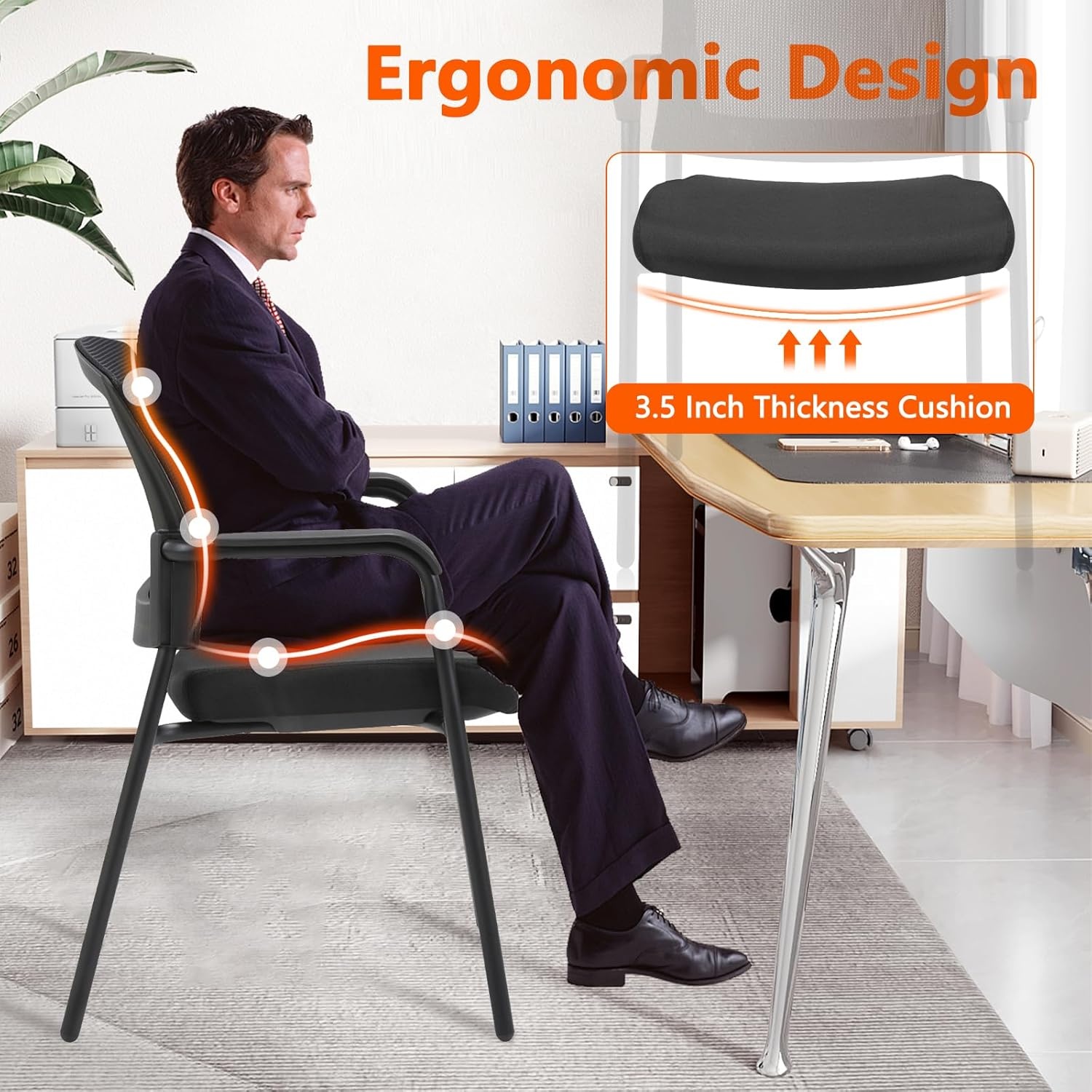image:imageCLATINA Office Reception Guest Chair Mesh Back Stacking with Ergonomic Lumbar Support and Thickened Seat Cushion for Waiting Conference Room Black 2 PackBlack