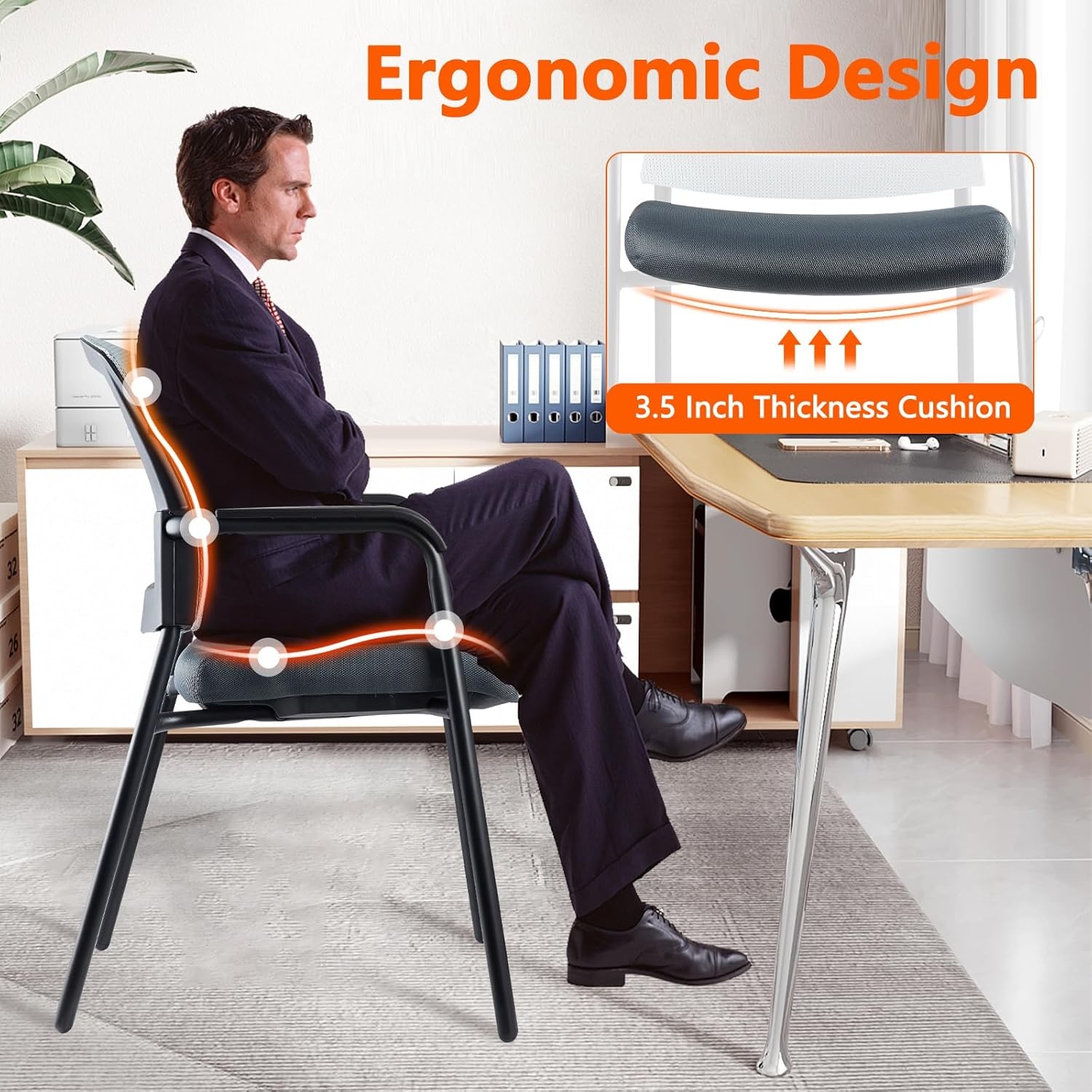 image:imageCLATINA Office Reception Guest Chair Mesh Back Stacking with Ergonomic Lumbar Support and Thickened Seat Cushion for Waiting Conference Room Black 2 PackGrey