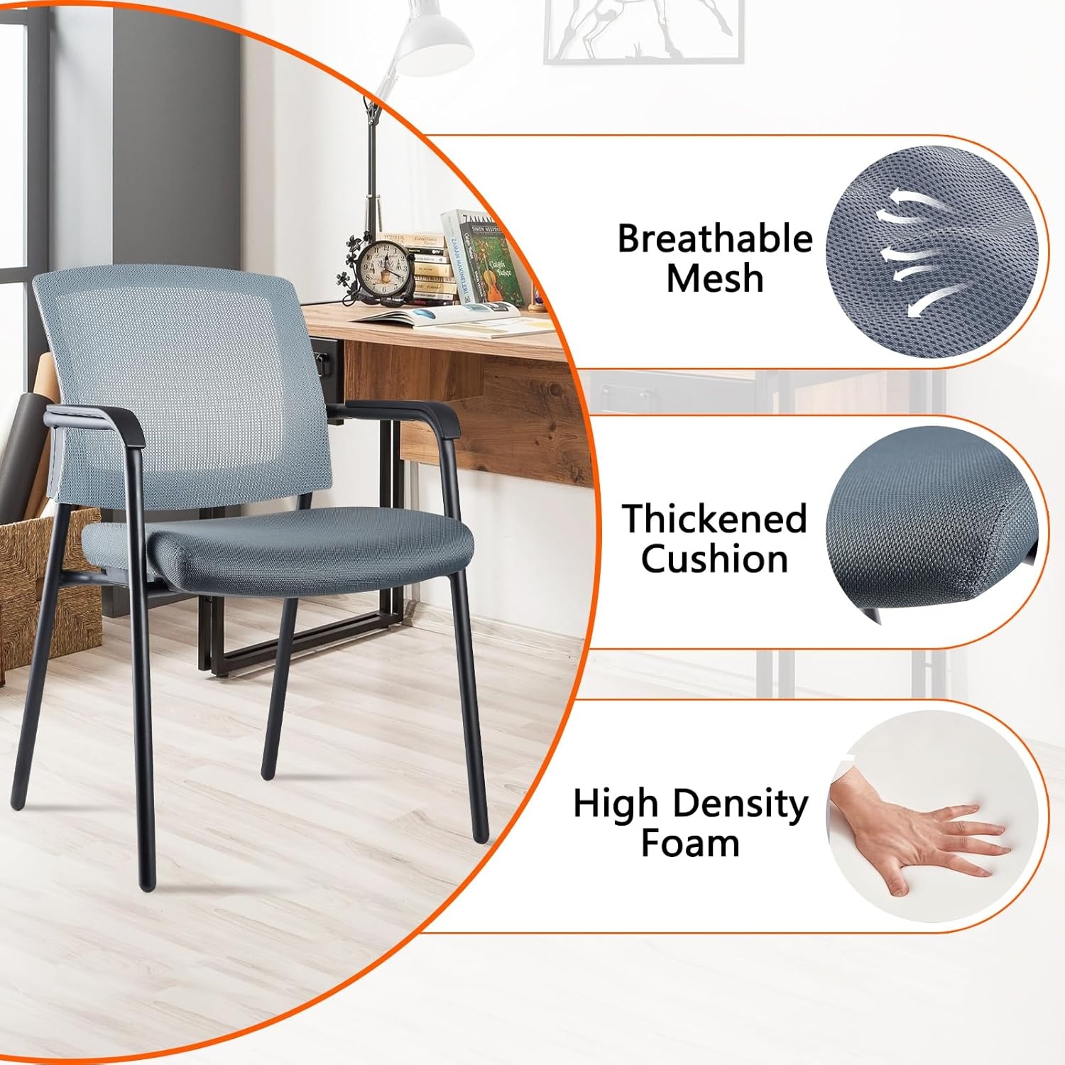 image:imageCLATINA Office Reception Guest Chair Mesh Back Stacking with Ergonomic Lumbar Support and Thickened Seat Cushion for Waiting Conference Room Black 2 PackGrey