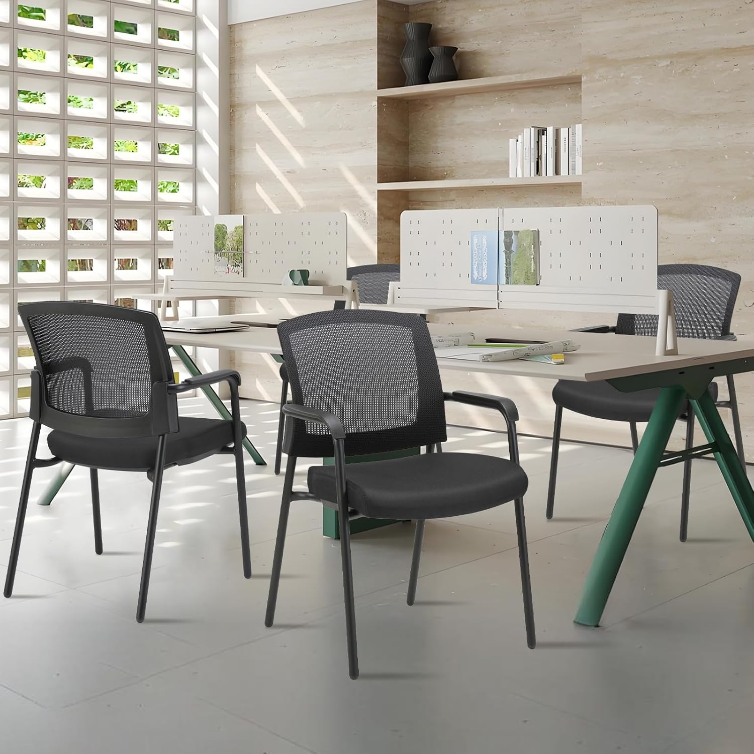 image:imageCLATINA Office Reception Guest Chair Mesh Back Stacking with Ergonomic Lumbar Support and Thickened Seat Cushion for Waiting Conference Room Black 2 PackBlack