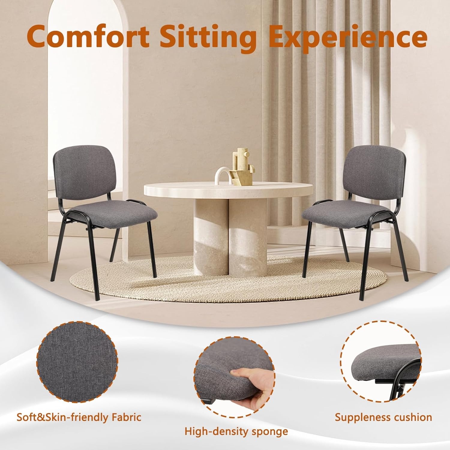image:imageCLATINA Set of 5 Pack Stackable Waiting Room Chairs Fabric Black Reception Chair Metal with Thickened Seat Back Cushion for Waiting Conference Room Guest Stool 5 PackGrey