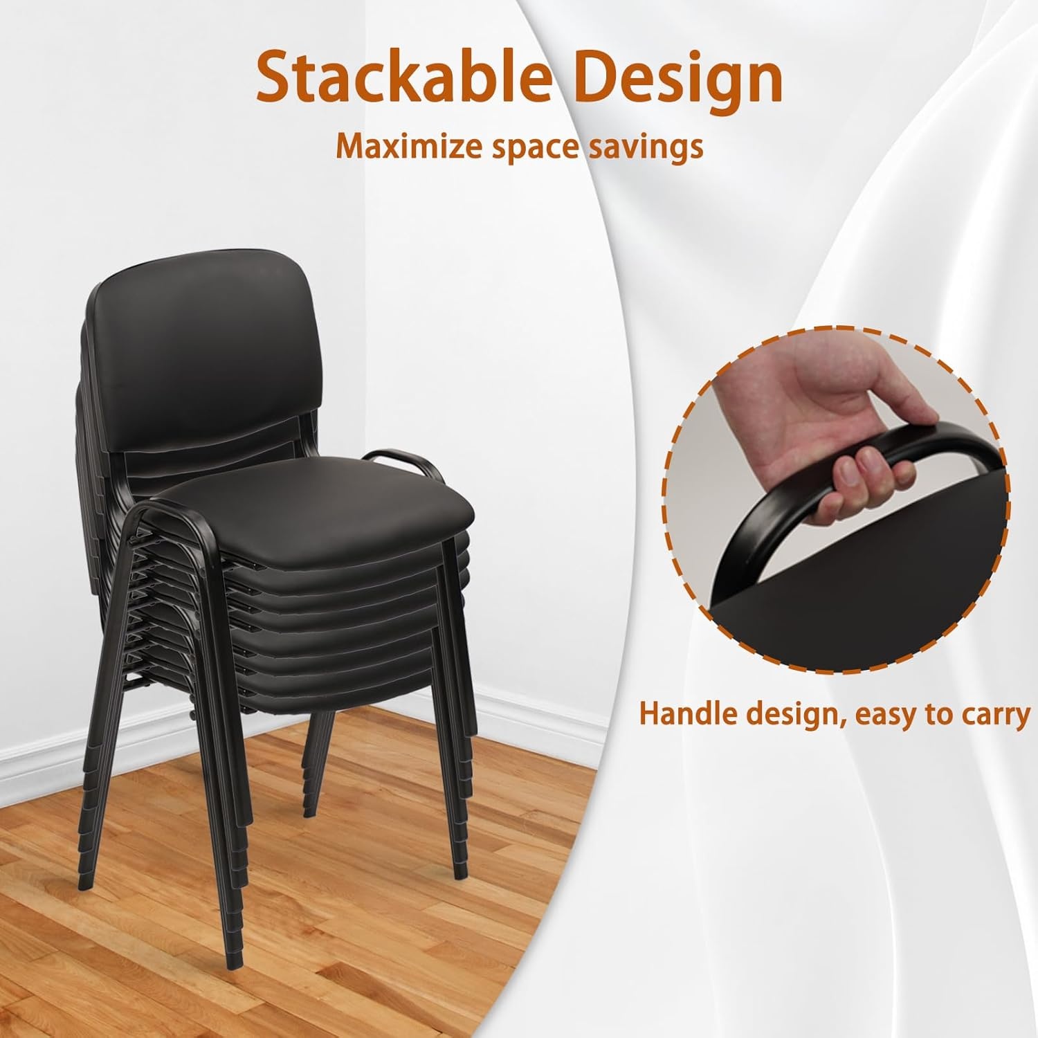image:imageCLATINA Set of 5 Pack Stackable Waiting Room Chairs Fabric Black Reception Chair Metal with Thickened Seat Back Cushion for Waiting Conference Room Guest Stool 5 PackBlackleather