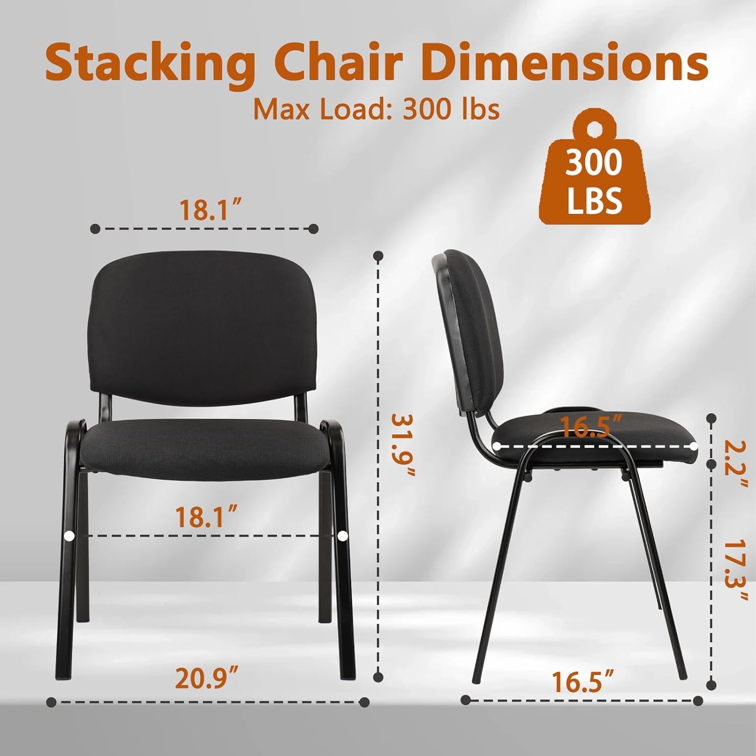 image:imageCLATINA Set of 5 Pack Stackable Waiting Room Chairs Fabric Black Reception Chair Metal with Thickened Seat Back Cushion for Waiting Conference Room Guest Stool 5 PackBlack