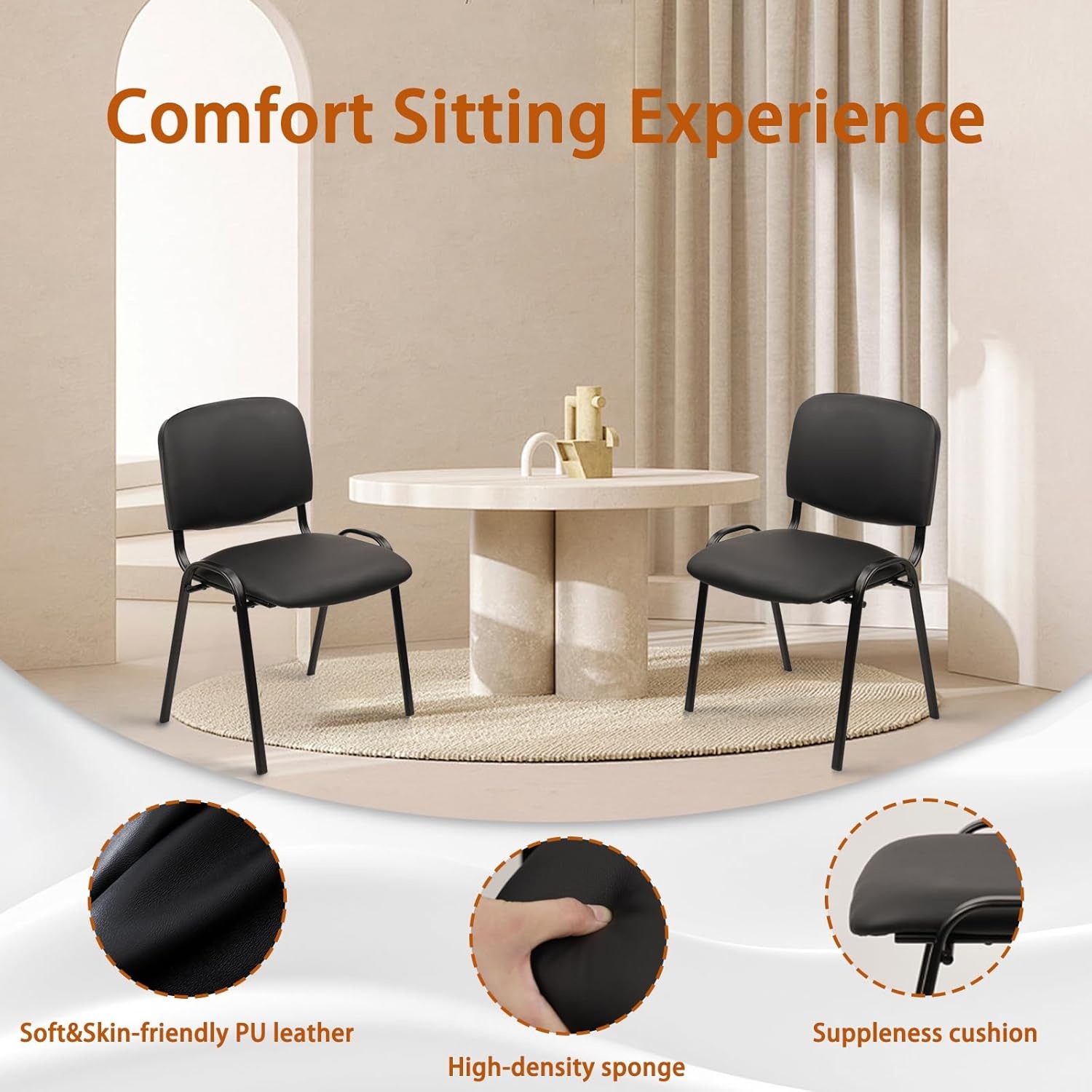 image:imageCLATINA Set of 5 Pack Stackable Waiting Room Chairs Fabric Black Reception Chair Metal with Thickened Seat Back Cushion for Waiting Conference Room Guest Stool 5 PackBlackleather