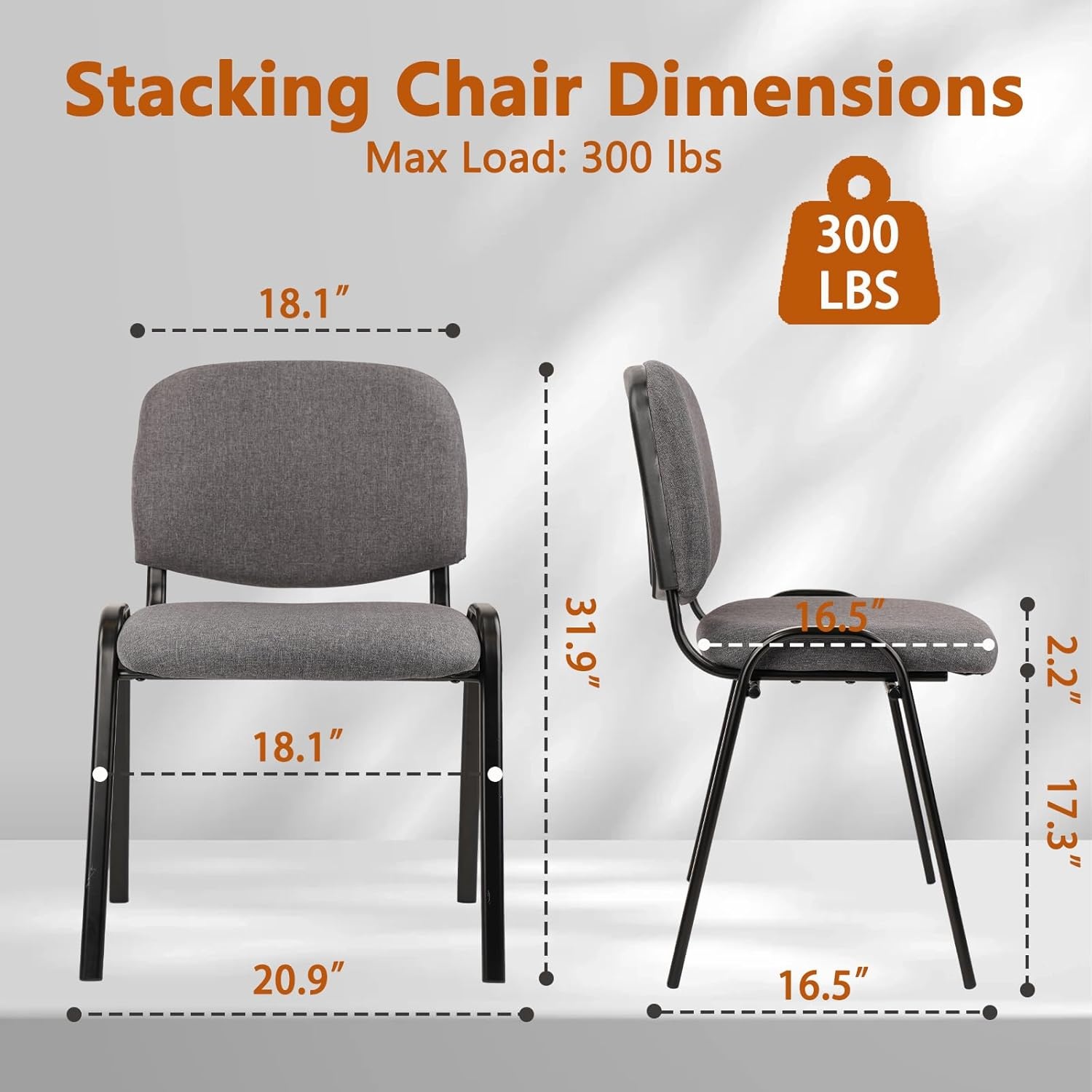 image:imageCLATINA Set of 5 Pack Stackable Waiting Room Chairs Fabric Black Reception Chair Metal with Thickened Seat Back Cushion for Waiting Conference Room Guest Stool 5 PackGrey