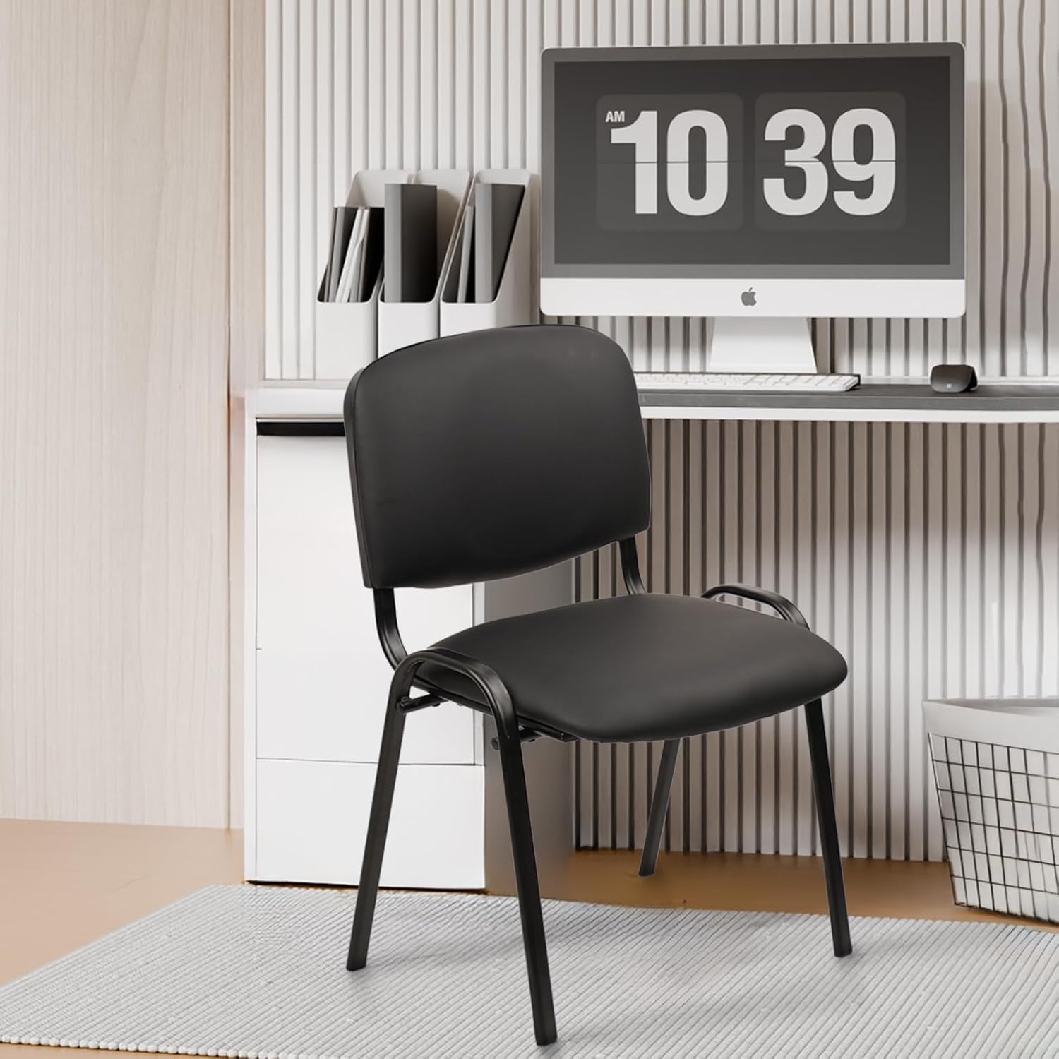image:imageCLATINA Set of 5 Pack Stackable Waiting Room Chairs Fabric Black Reception Chair Metal with Thickened Seat Back Cushion for Waiting Conference Room Guest Stool 5 PackBlackleather