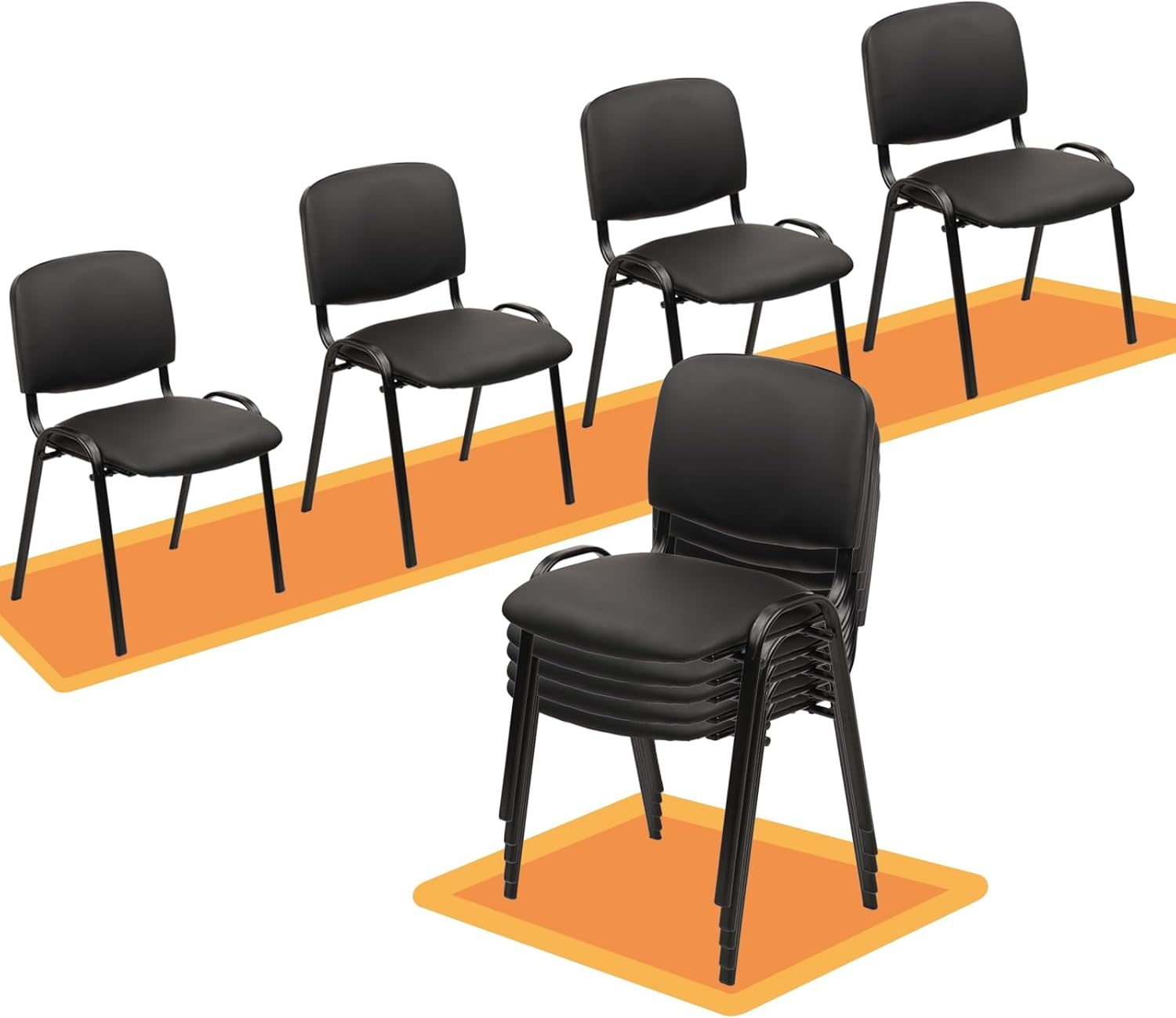 image:imageCLATINA Set of 5 Pack Stackable Waiting Room Chairs Fabric Black Reception Chair Metal with Thickened Seat Back Cushion for Waiting Conference Room Guest Stool 5 PackBlackleather