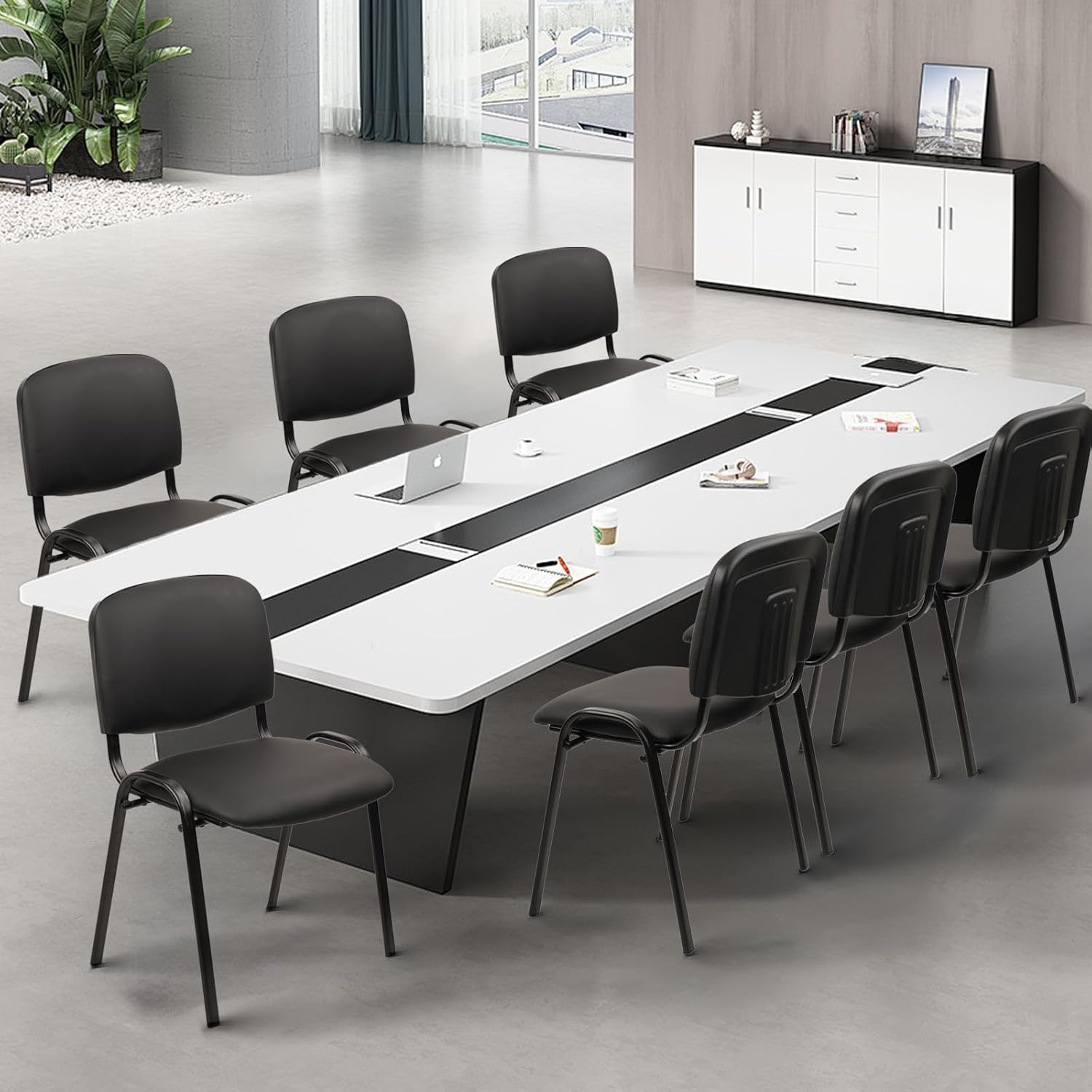 image:imageCLATINA Set of 5 Pack Stackable Waiting Room Chairs Fabric Black Reception Chair Metal with Thickened Seat Back Cushion for Waiting Conference Room Guest Stool 5 PackBlackleather