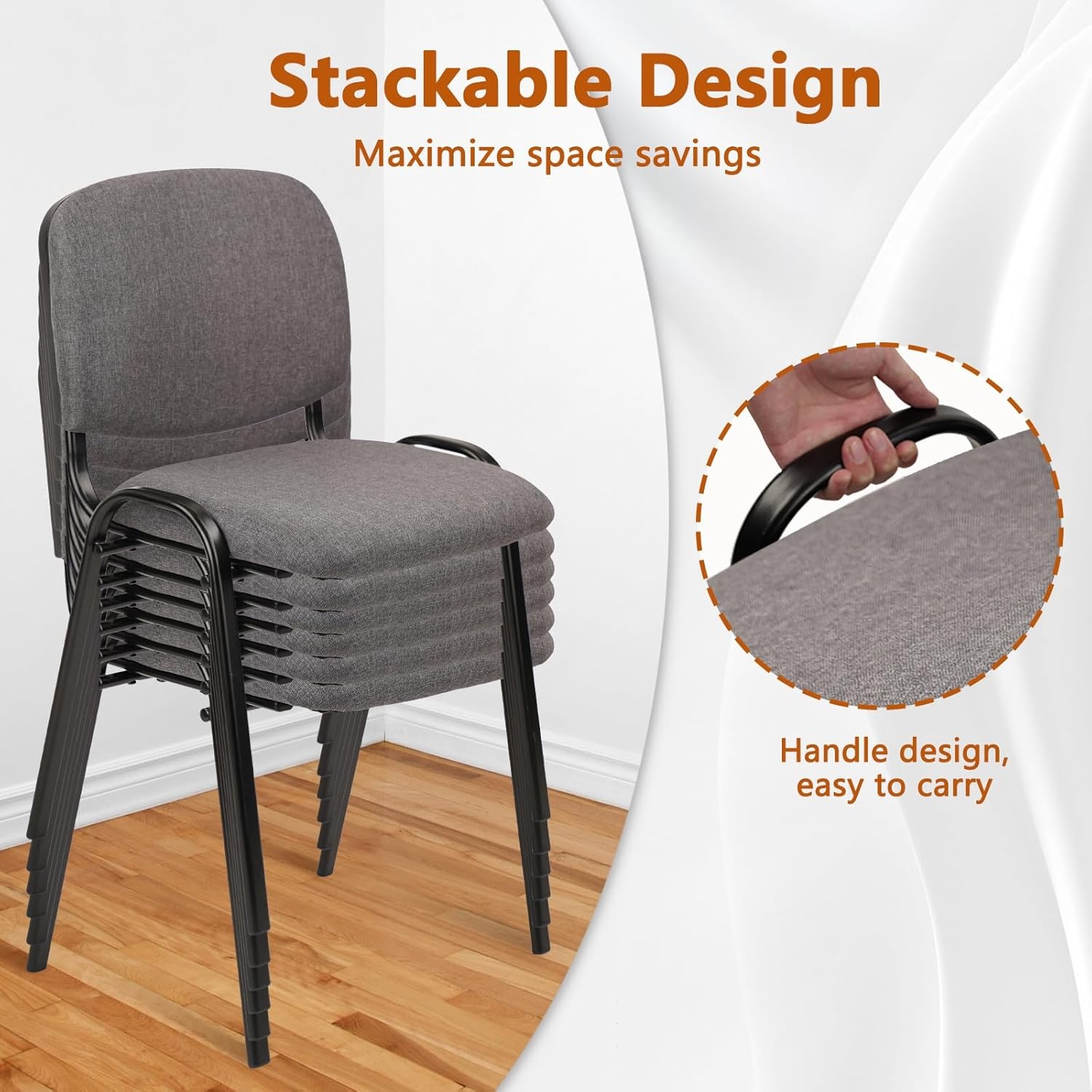 image:imageCLATINA Set of 5 Pack Stackable Waiting Room Chairs Fabric Black Reception Chair Metal with Thickened Seat Back Cushion for Waiting Conference Room Guest Stool 5 PackGrey