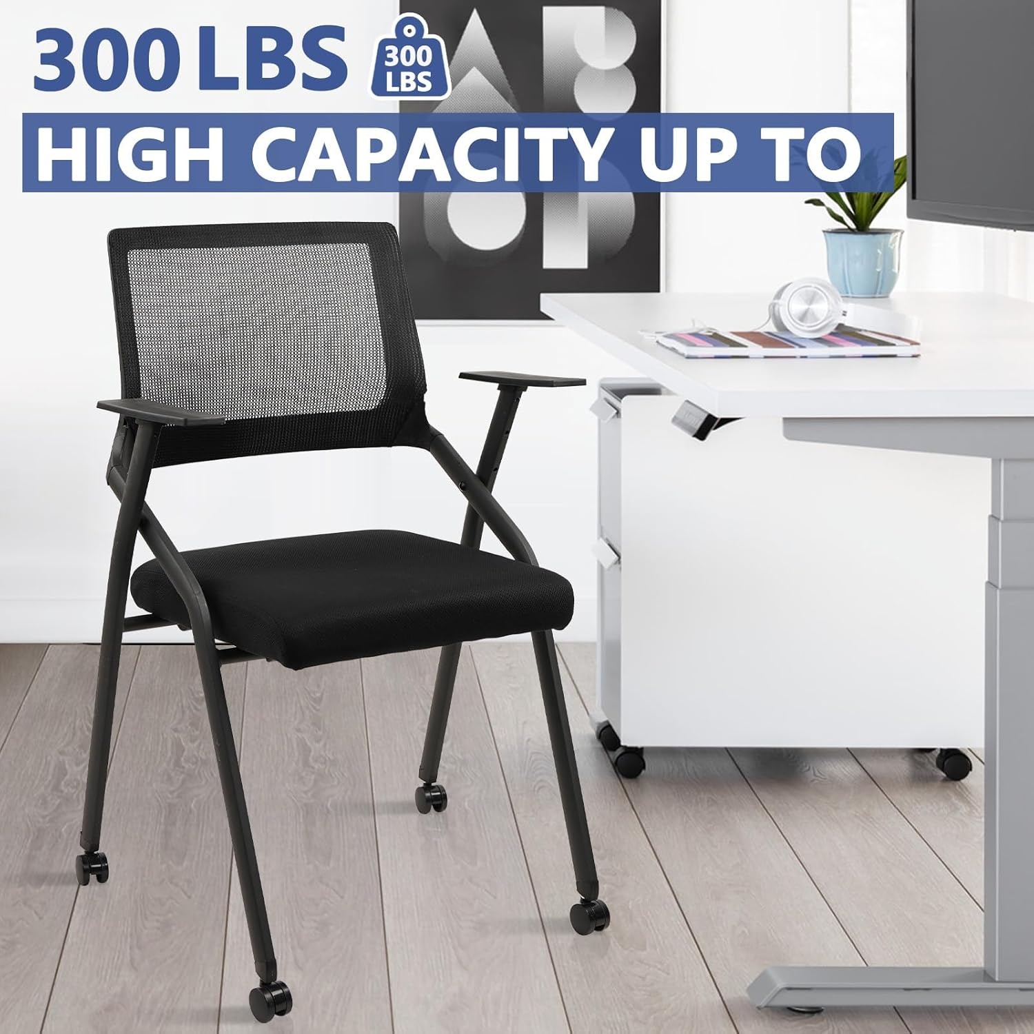 image:imageCLATINA Stackable Foldable Conference Room Chairs with Wheels Portable Padded Office Desk Chair with Lumbar Support and Armrest for Training Room Guest Reception Black 1pk