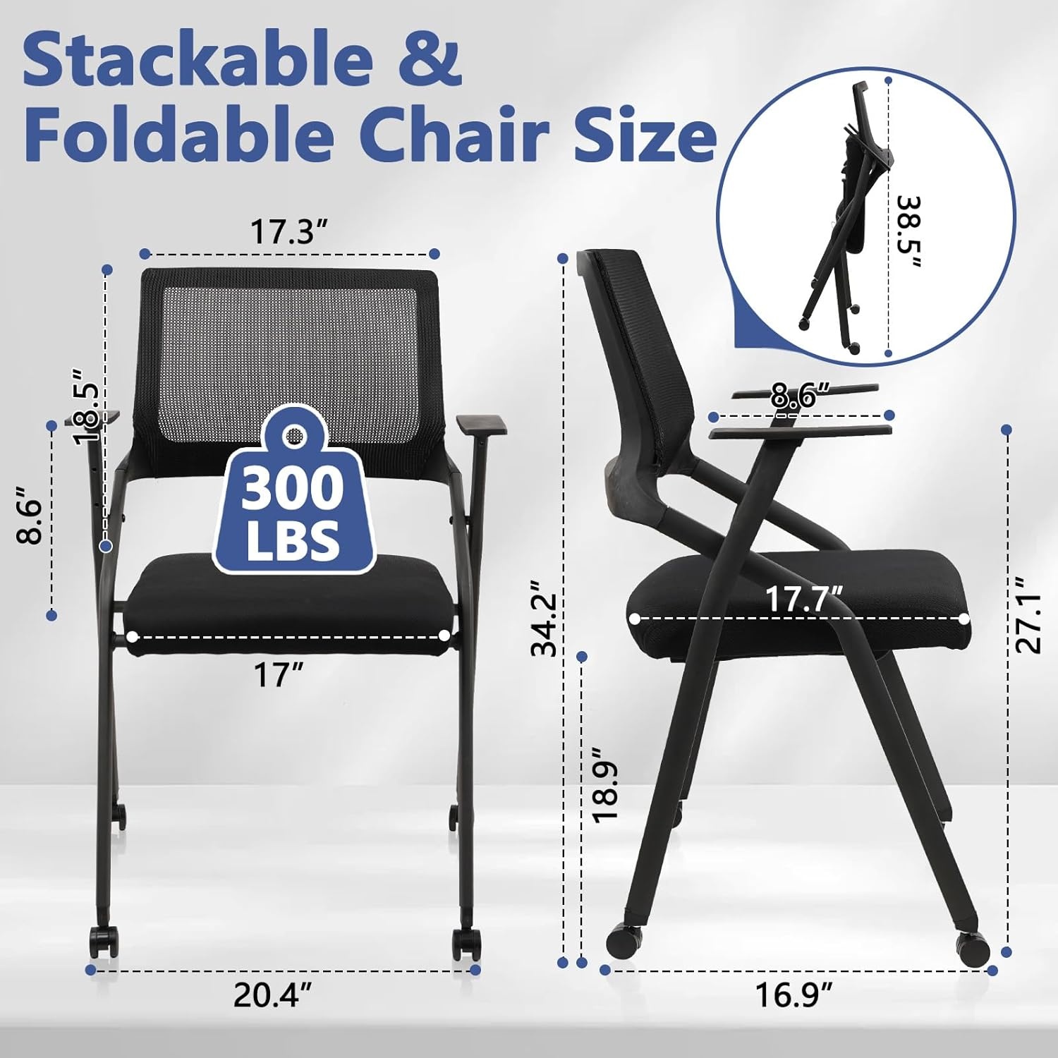 image:imageCLATINA Stackable Foldable Conference Room Chairs with Wheels Portable Padded Office Desk Chair with Lumbar Support and Armrest for Training Room Guest Reception Black 1pk