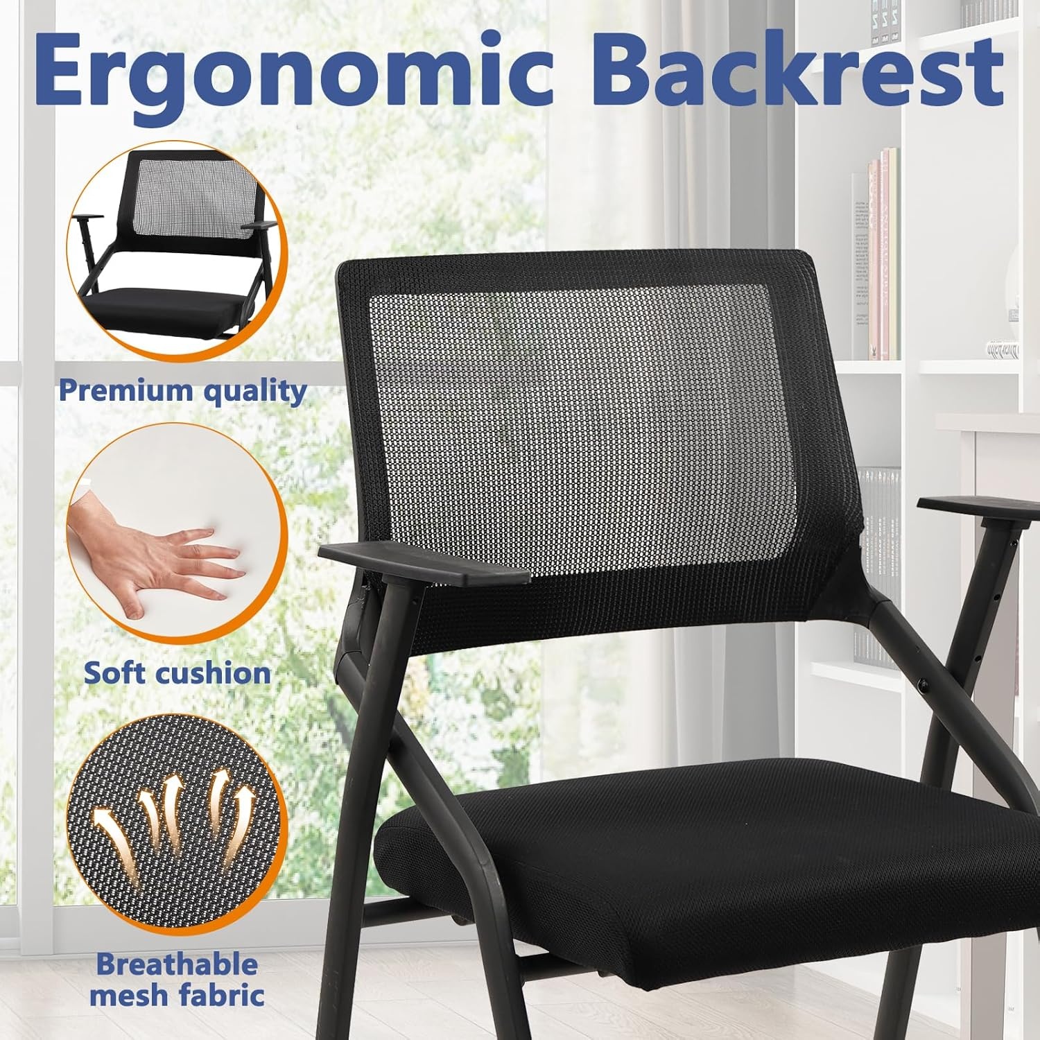 image:imageCLATINA Stackable Foldable Conference Room Chairs with Wheels Portable Padded Office Desk Chair with Lumbar Support and Armrest for Training Room Guest Reception Black 1pk