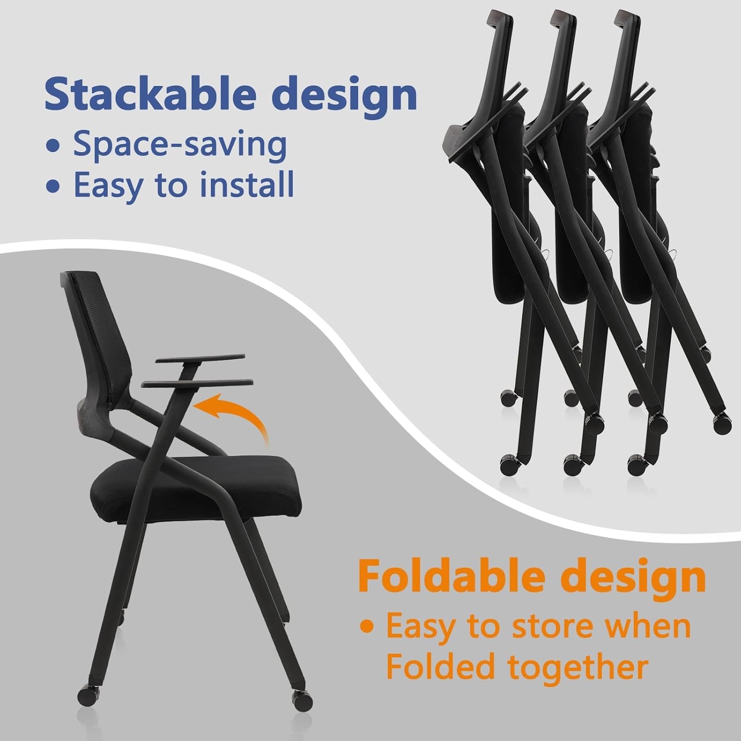 image:imageCLATINA Stackable Foldable Conference Room Chairs with Wheels Portable Padded Office Desk Chair with Lumbar Support and Armrest for Training Room Guest Reception Black 1pk
