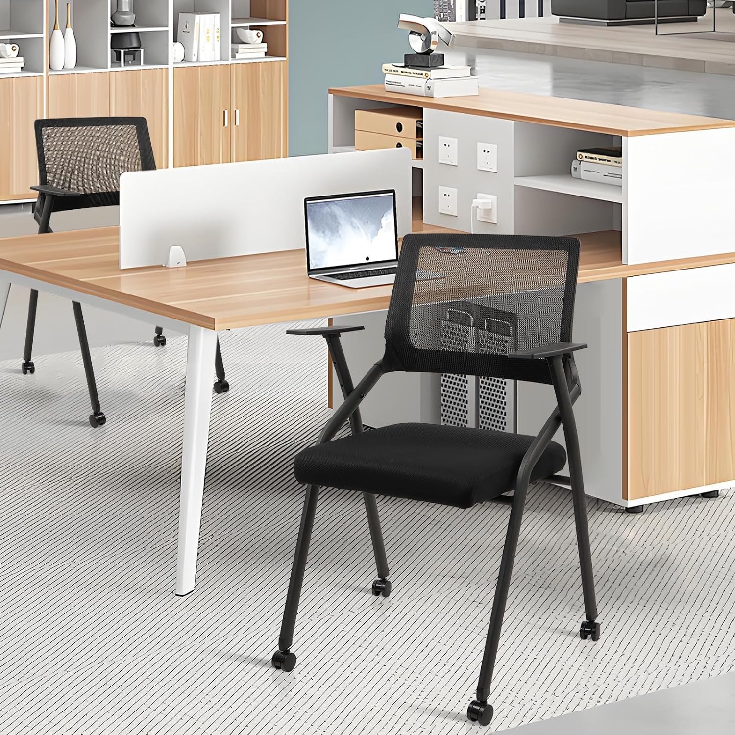 image:imageCLATINA Stackable Foldable Conference Room Chairs with Wheels Portable Padded Office Desk Chair with Lumbar Support and Armrest for Training Room Guest Reception Black 1pk