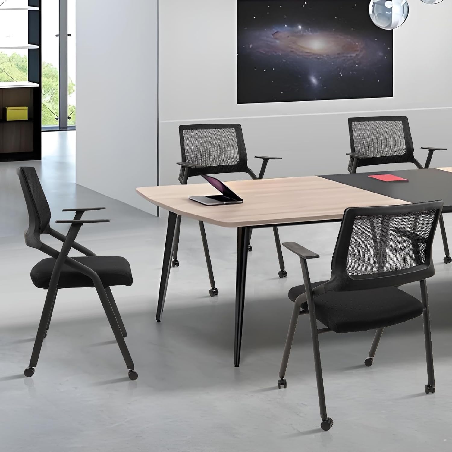 image:imageCLATINA Stackable Foldable Conference Room Chairs with Wheels Portable Padded Office Desk Chair with Lumbar Support and Armrest for Training Room Guest Reception Black 1pk