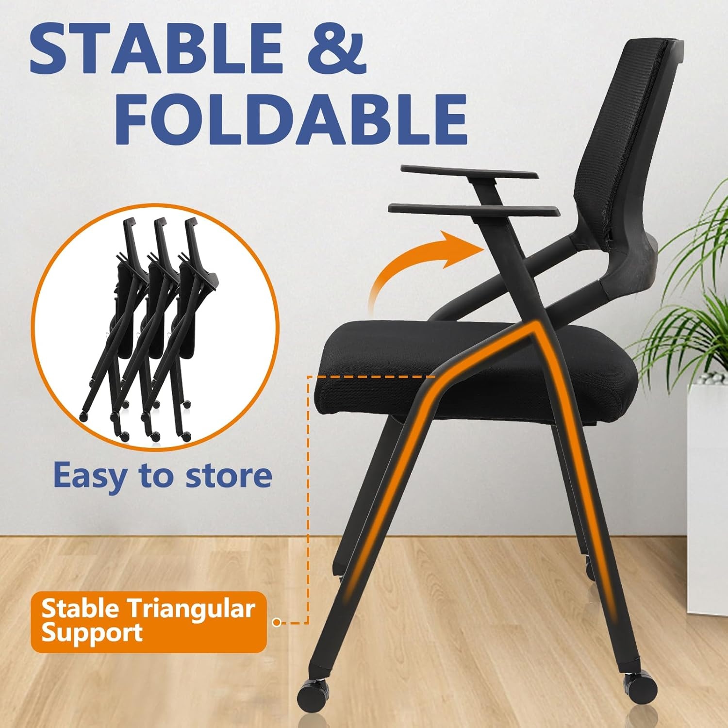 image:imageCLATINA Stackable Foldable Conference Room Chairs with Wheels Portable Padded Office Desk Chair with Lumbar Support and Armrest for Training Room Guest Reception Black 1pk