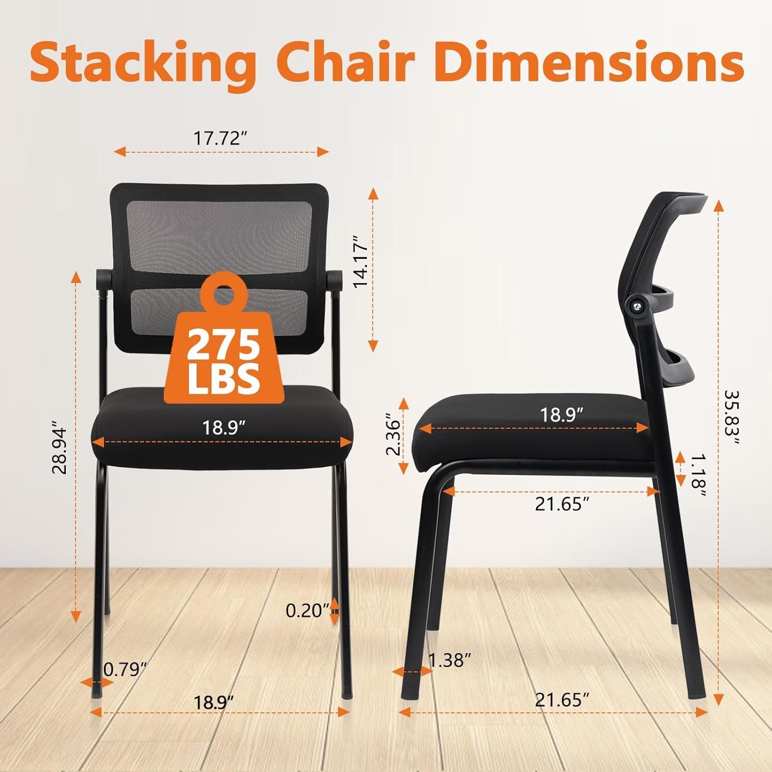 image:imageCLATINA Stackable Waiting Room Chair with Adjustable Mesh Backrest Armless Office Guest Reception Chairs with Leather Cushion and Ergonomic Lumbar Support for Conference Lobby Side School BlackMeshwheelless
