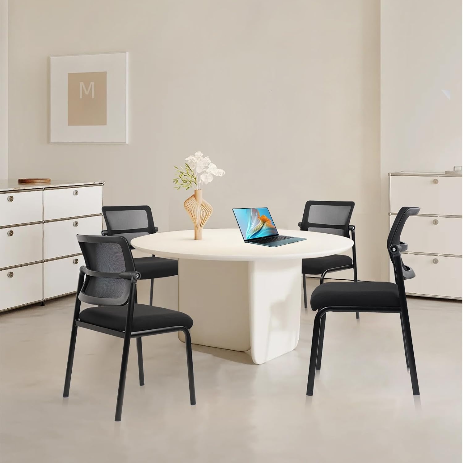 image:imageCLATINA Stackable Waiting Room Chair with Adjustable Mesh Backrest Armless Office Guest Reception Chairs with Leather Cushion and Ergonomic Lumbar Support for Conference Lobby Side School BlackMeshwheelless