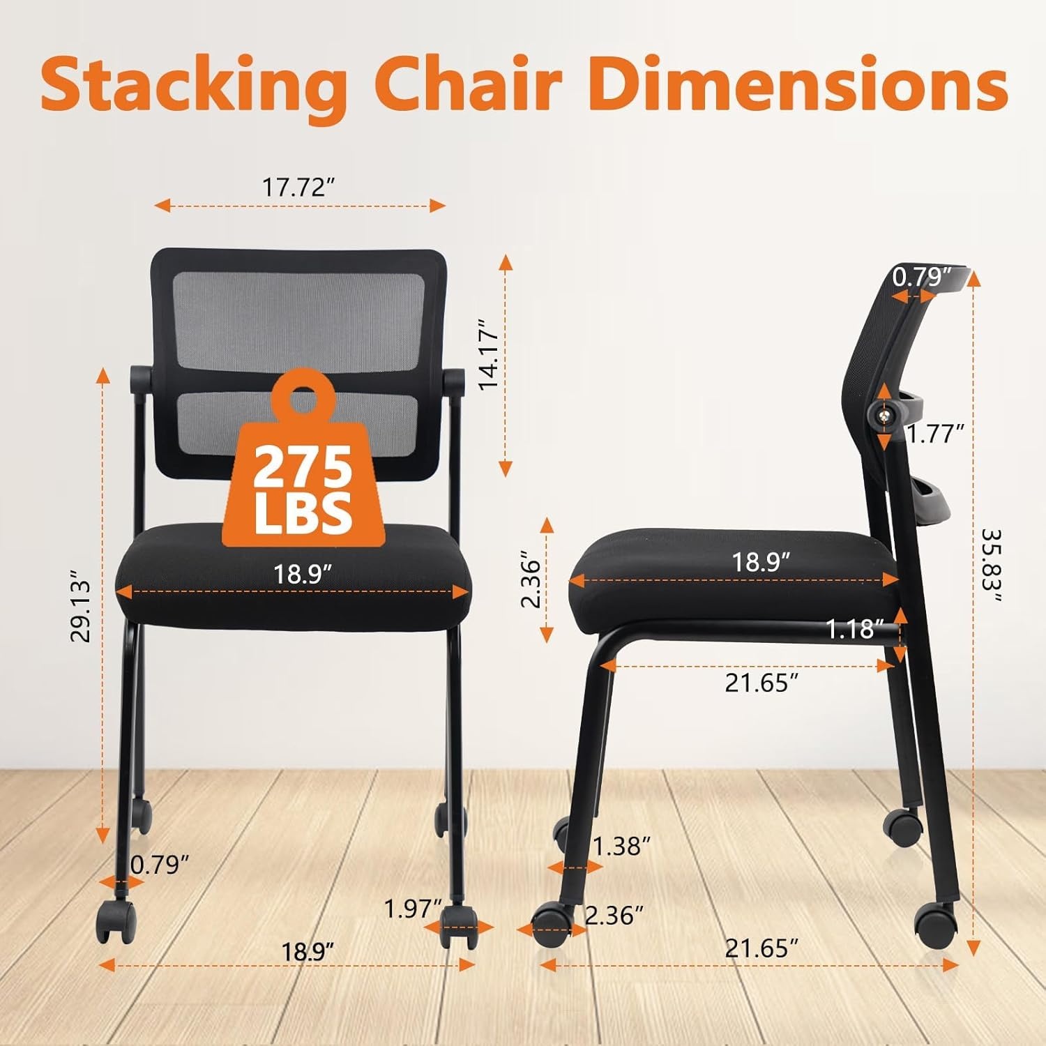 image:imageCLATINA Stackable Waiting Room Chair with Adjustable Mesh Backrest Armless Office Guest Reception Chairs with Leather Cushion and Ergonomic Lumbar Support for Conference Lobby Side School BlackMesh Wheels