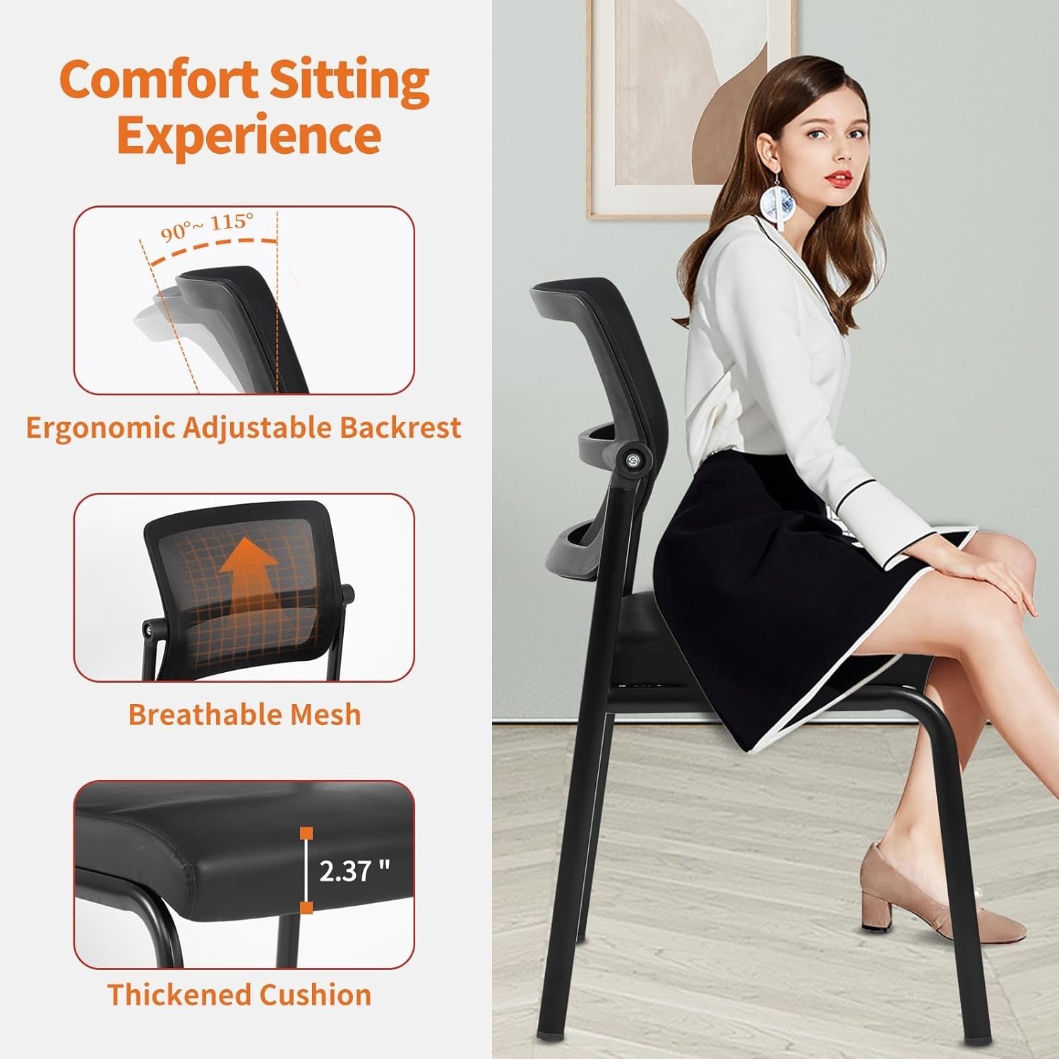 image:imageCLATINA Stackable Waiting Room Chair with Adjustable Mesh Backrest Armless Office Guest Reception Chairs with Leather Cushion and Ergonomic Lumbar Support for Conference Lobby Side School BlackMesh Leather