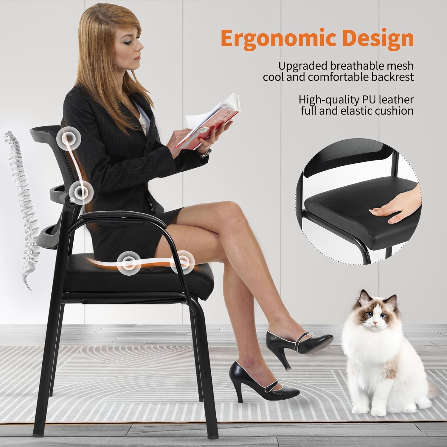image:imageCLATINA Stackable Waiting Room Chair with Adjustable Mesh Backrest Armless Office Guest Reception Chairs with Leather Cushion and Ergonomic Lumbar Support for Conference Lobby Side School BlackMesh Leather