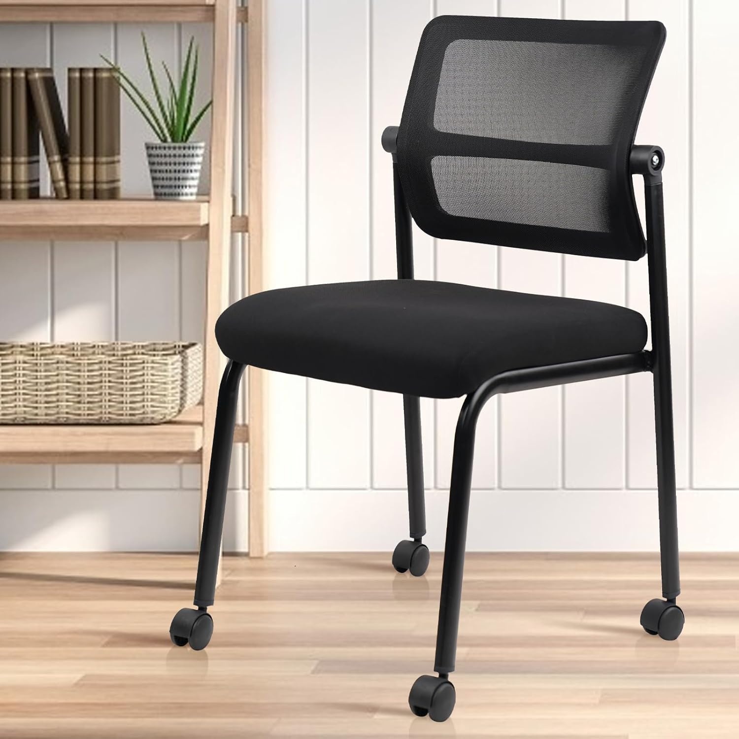 image:imageCLATINA Stackable Waiting Room Chair with Adjustable Mesh Backrest Armless Office Guest Reception Chairs with Leather Cushion and Ergonomic Lumbar Support for Conference Lobby Side School BlackMesh Wheels