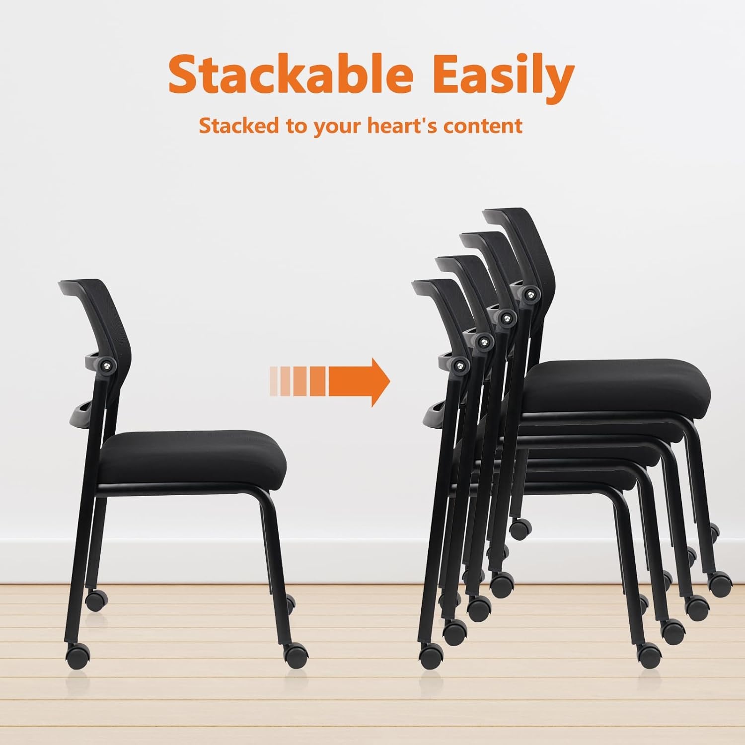 image:imageCLATINA Stackable Waiting Room Chair with Adjustable Mesh Backrest Armless Office Guest Reception Chairs with Leather Cushion and Ergonomic Lumbar Support for Conference Lobby Side School BlackMesh Wheels