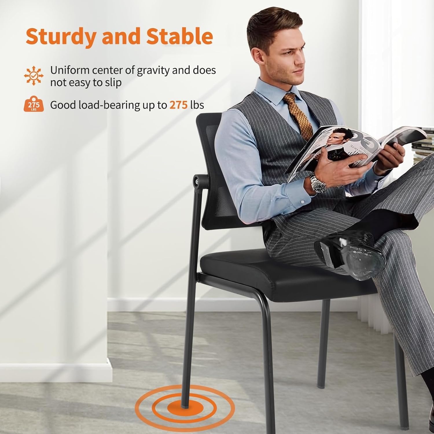 image:imageCLATINA Stackable Waiting Room Chair with Adjustable Mesh Backrest Armless Office Guest Reception Chairs with Leather Cushion and Ergonomic Lumbar Support for Conference Lobby Side School BlackMesh Leather