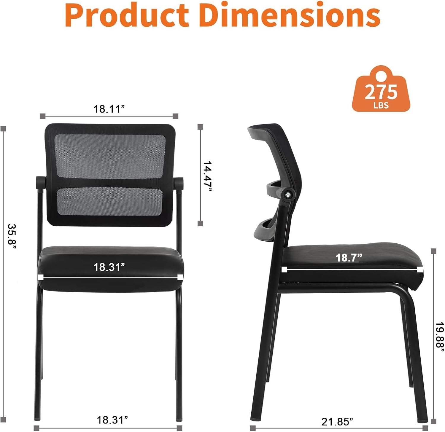 image:imageCLATINA Stackable Waiting Room Chair with Adjustable Mesh Backrest Armless Office Guest Reception Chairs with Leather Cushion and Ergonomic Lumbar Support for Conference Lobby Side School BlackMesh Leather