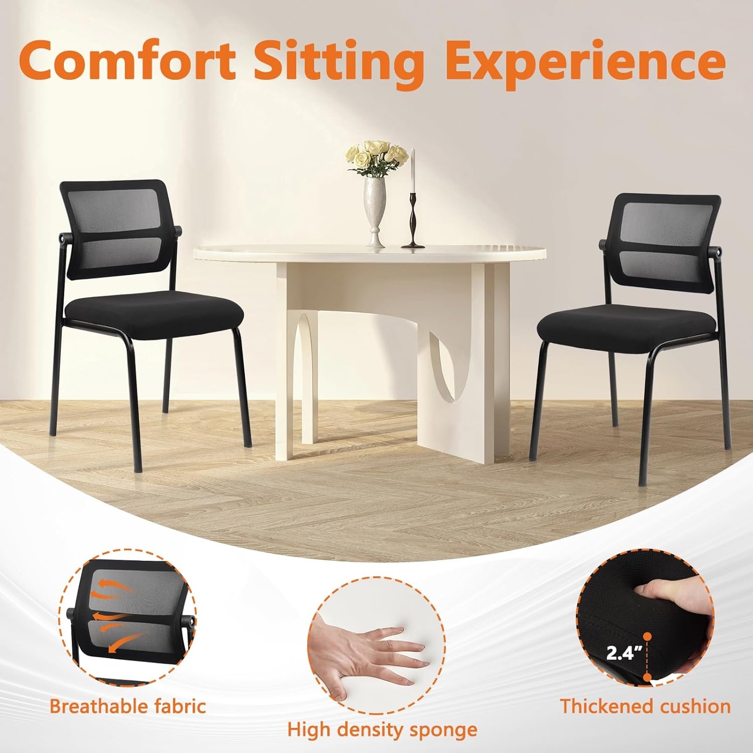 image:imageCLATINA Stackable Waiting Room Chair with Adjustable Mesh Backrest Armless Office Guest Reception Chairs with Leather Cushion and Ergonomic Lumbar Support for Conference Lobby Side School BlackMeshwheelless