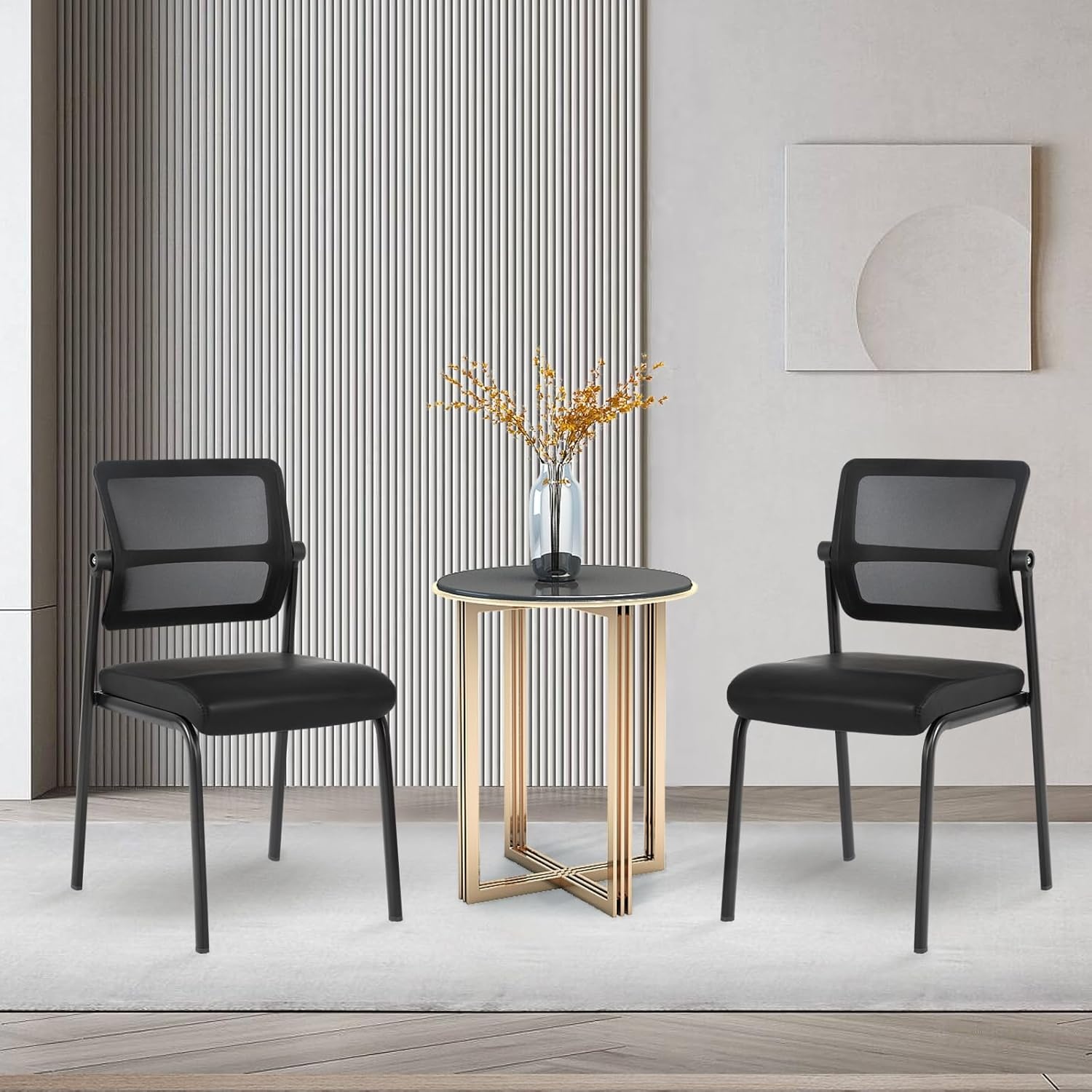 image:imageCLATINA Stackable Waiting Room Chair with Adjustable Mesh Backrest Armless Office Guest Reception Chairs with Leather Cushion and Ergonomic Lumbar Support for Conference Lobby Side School BlackMesh Leather