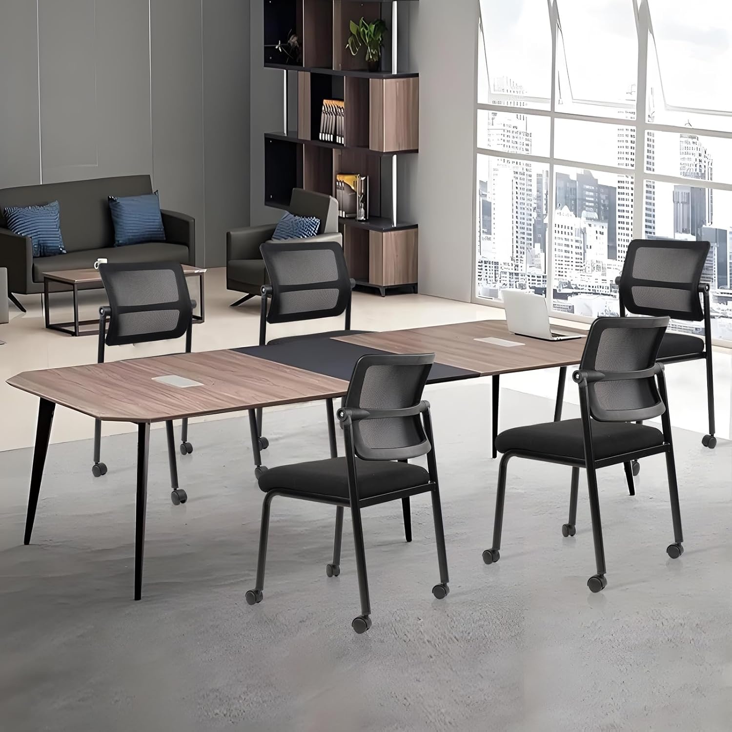 image:imageCLATINA Stackable Waiting Room Chair with Adjustable Mesh Backrest Armless Office Guest Reception Chairs with Leather Cushion and Ergonomic Lumbar Support for Conference Lobby Side School BlackMesh Wheels