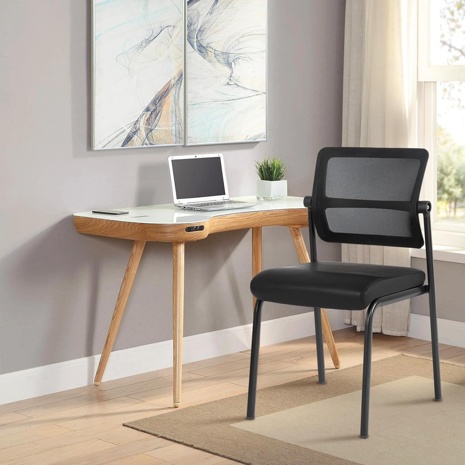 image:imageCLATINA Stackable Waiting Room Chair with Adjustable Mesh Backrest Armless Office Guest Reception Chairs with Leather Cushion and Ergonomic Lumbar Support for Conference Lobby Side School BlackMesh Leather